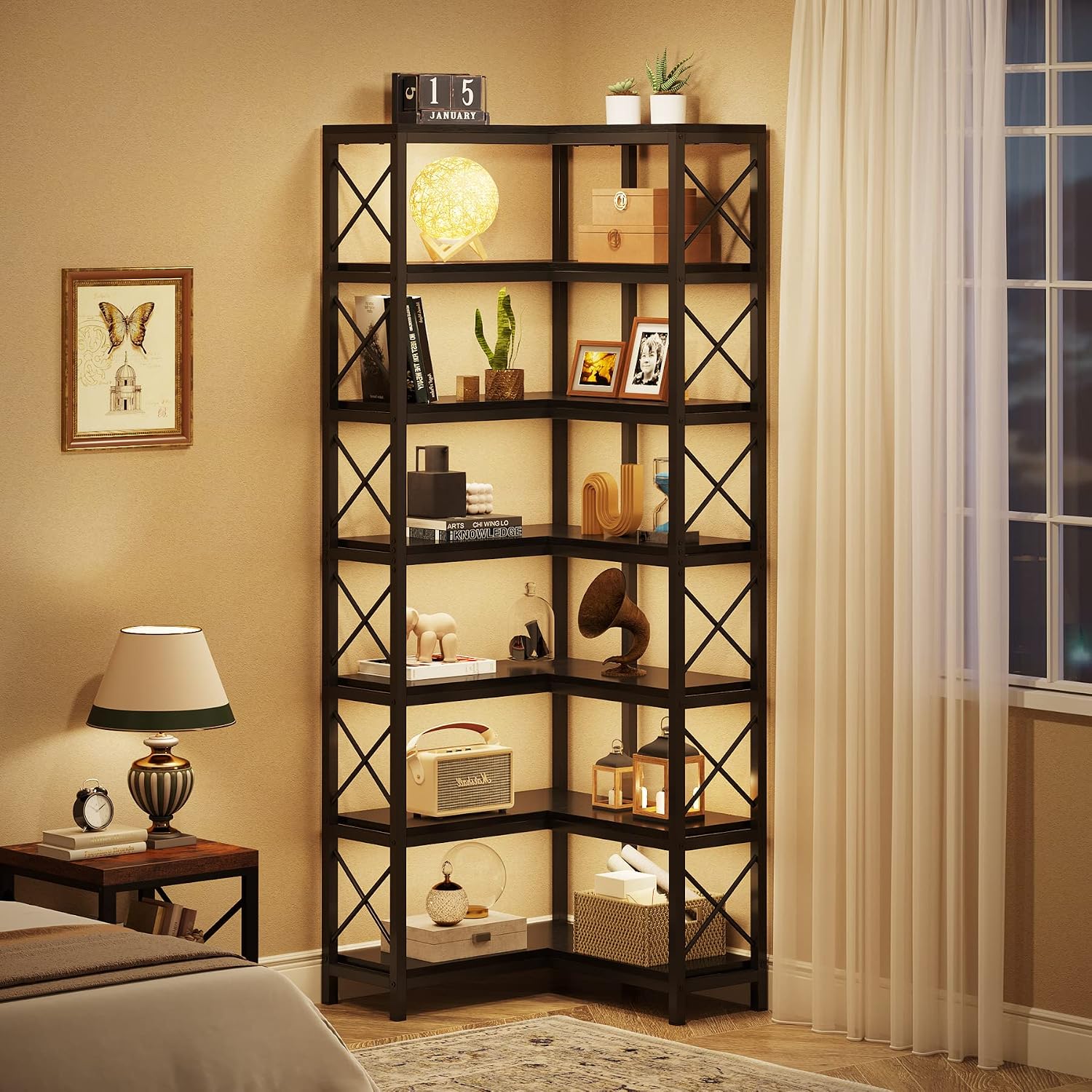 Tribesigns 7-Tier Corner Bookcase, Industrial Large Corner Bookshelf, 7-Shelf Tall Shelf Storage Display Rack with Metal Frame for Living Room Home Office, Black