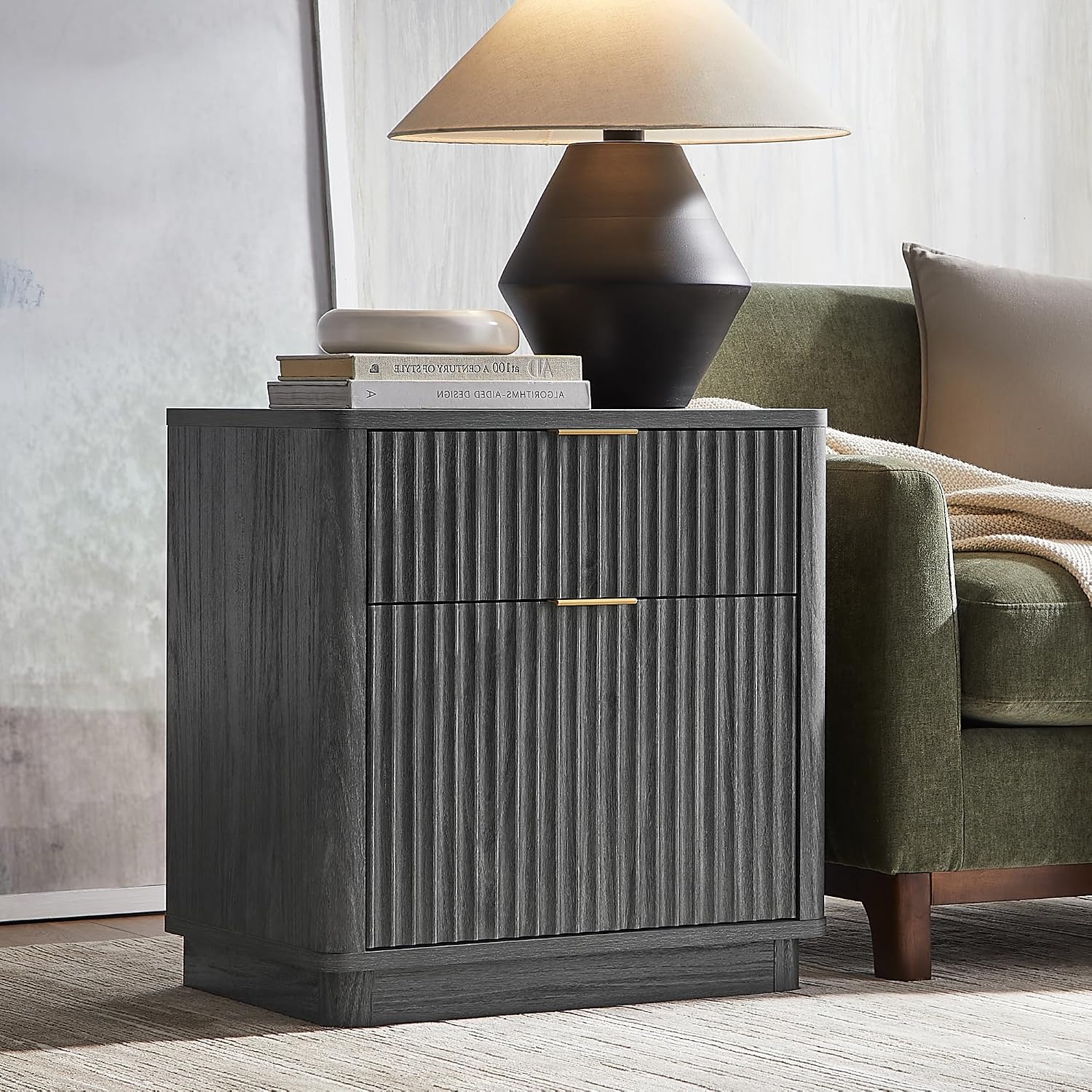 T4TREAM 23'' Fluted Nightstand with Charging Station, Large 2 Drawer Side Table, Modern End Table with Storage, Mid Century Bedside Table for Bedroom, Living Room, Curved Profile, Dark Alder