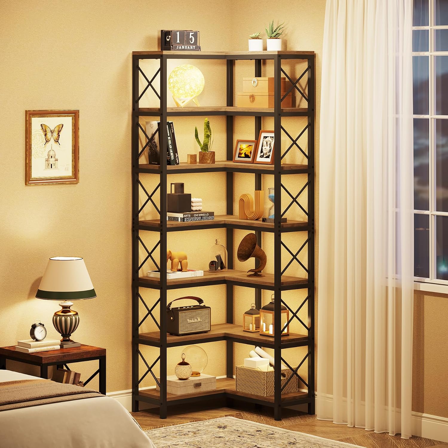 Tribesigns 7-Tier Corner Bookcase, Industrial Large Corner Bookshelf, 7-Shelf Tall Corner Shelf Storage Display Rack with Metal Frame for Living Room Home Office, Grey