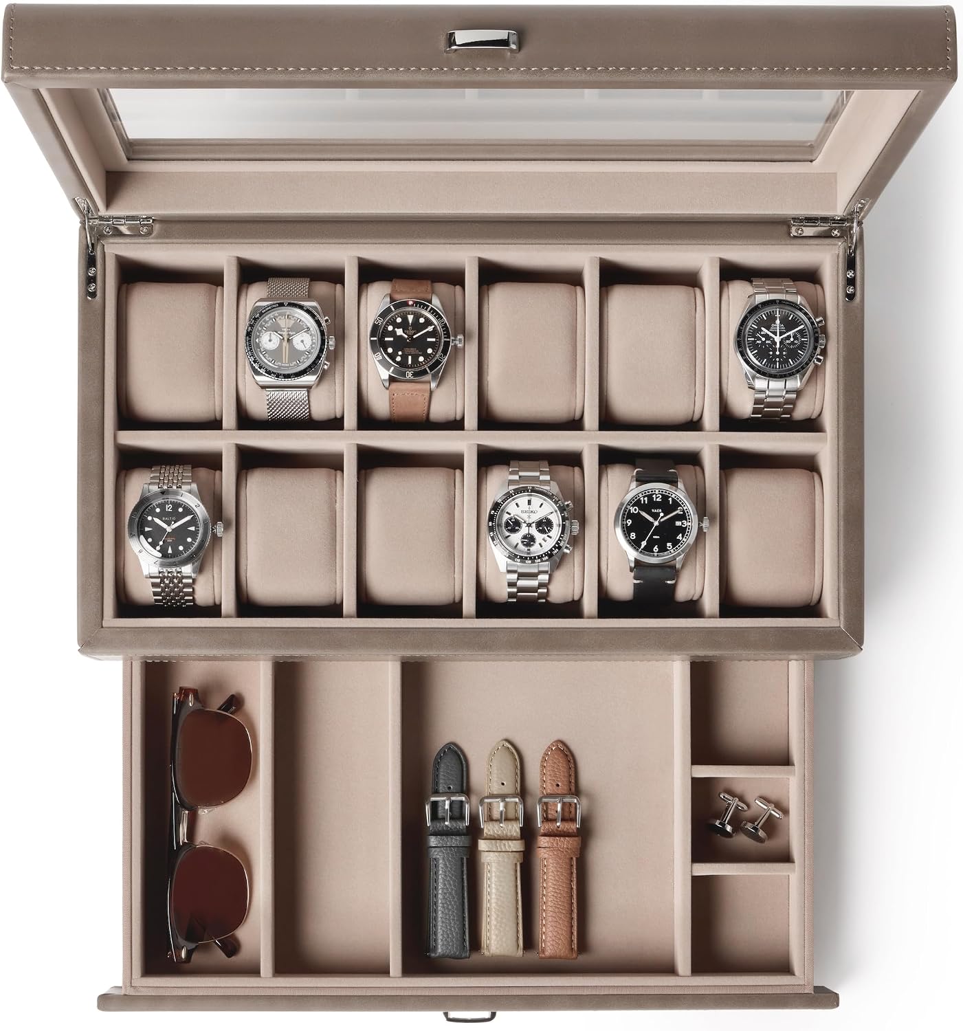 TAWBURY 12 Slot Watch Box with Storage Drawer – Premium Watch Storage Case for Men & Women | Handcrafted from PU Leather & Engineered Wood (Taupe)