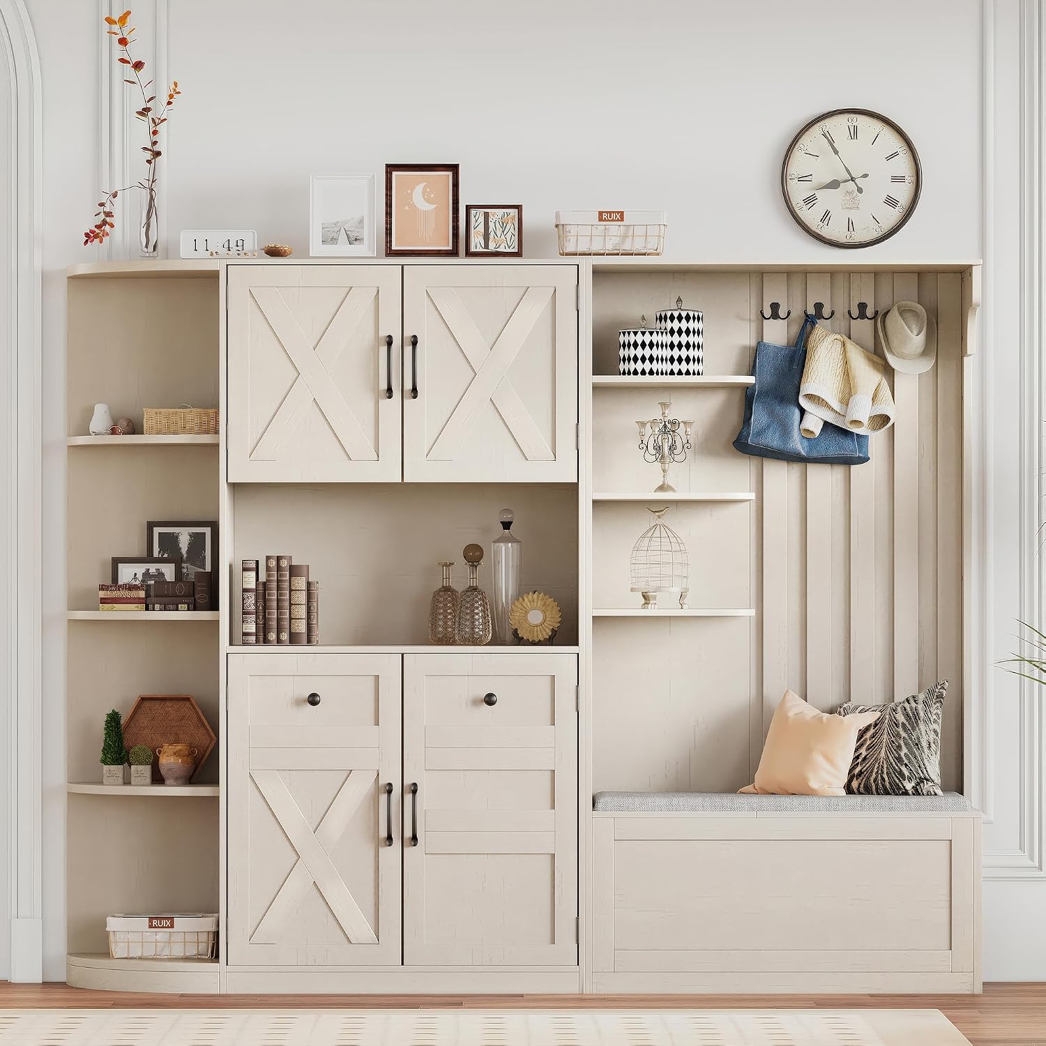 Multifunctional Hall Tree with Shoe Bench & Storage Cabinet,2-in-1 Left-Right L-Shaped Corner Entryway Cabinets with Coat Rack & Open Shelves,Modern Storage Organizer for,Living Room (Beige)