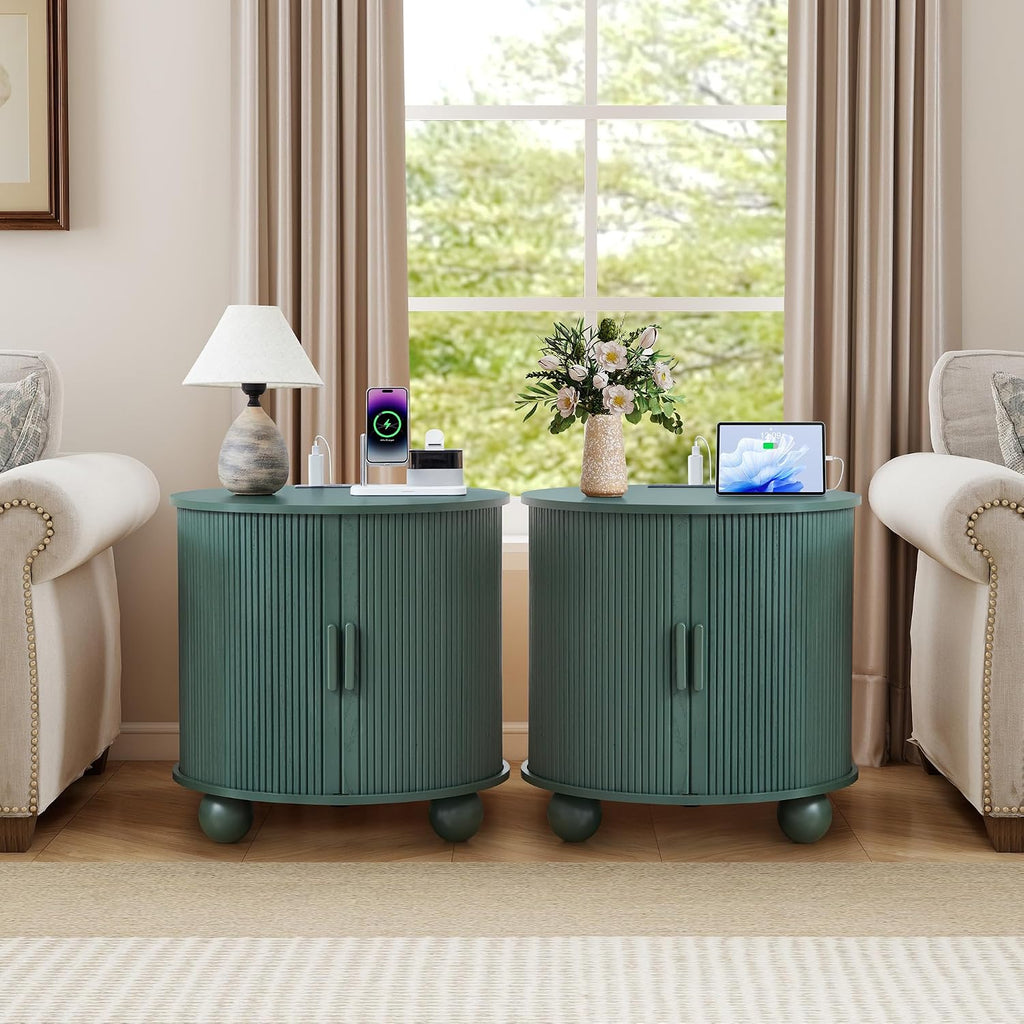 24 Inch Round Nightstand with Charging Station, Green Mid-Century Modern End Side Table with Fulted Sliding Door, Unique Vintage Bedside Table with Storage for Sofa, Couch, Bed (Round, Green)