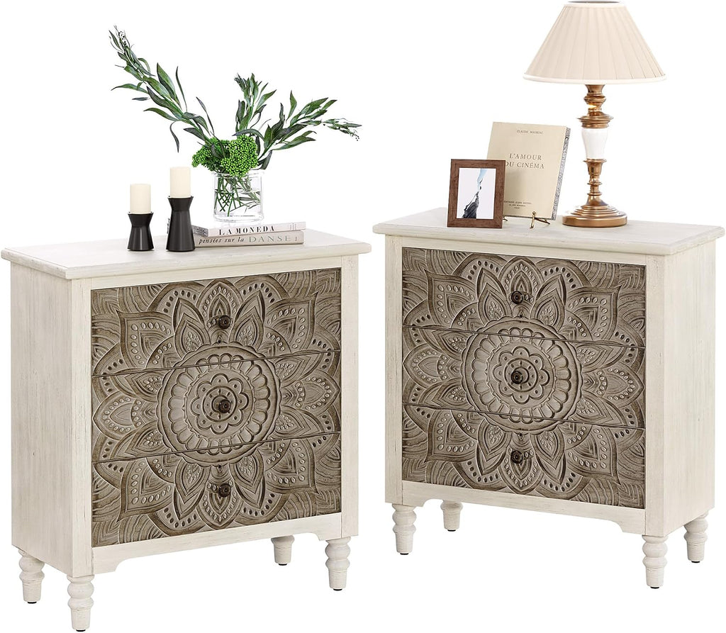 COSIEST 3 Drawers Nightstand Set of 2, Accent Dresser, 29'' Tall Wood Vintage Small Accent Chest, Bedside Table,Bedroom Furniture for Home, Entryway (Lotus Pattern)