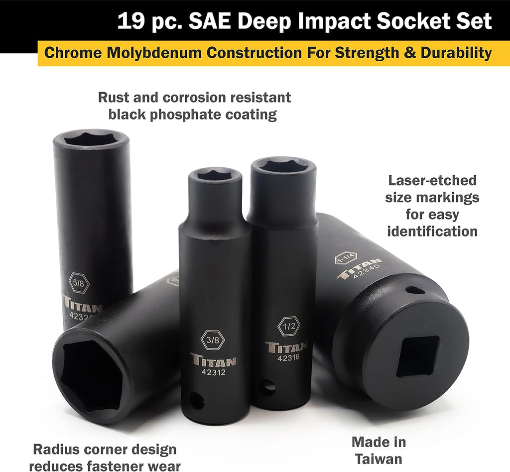 Titan 42319 19-Piece 1/2' Drive SAE Deep Impact Socket Set