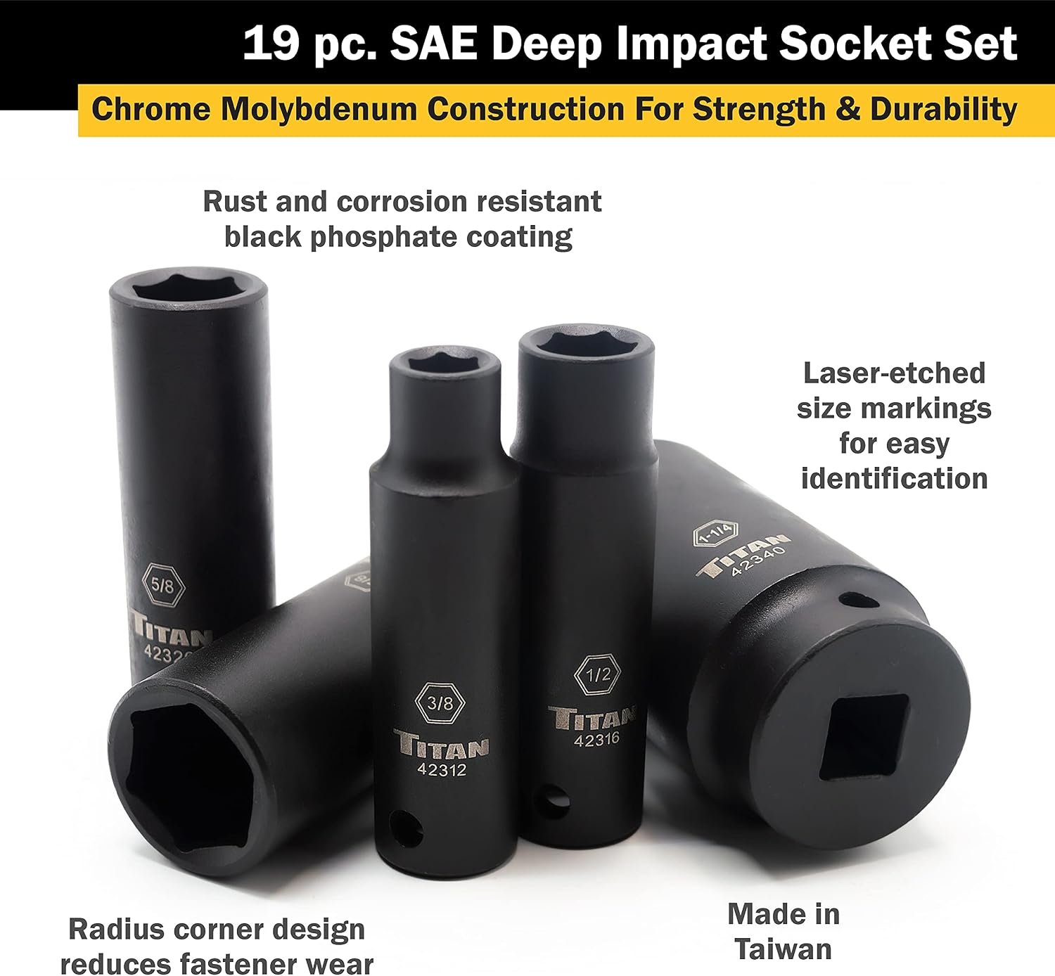 Titan 42319 19-Piece 1/2' Drive SAE Deep Impact Socket Set