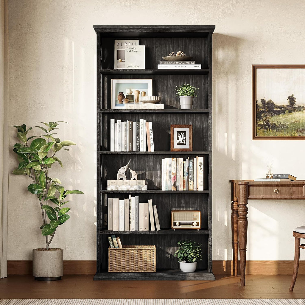 LITTLE TREE 6-Tier Bookcase, Set of 2 Farmhouse Bookshelves and Bookcases, 75-Inch Floor Standing 6 Shelf Wooden Display Storage Shelves Tall Bookcase for Home Office, Living Room, Bed Room, Black