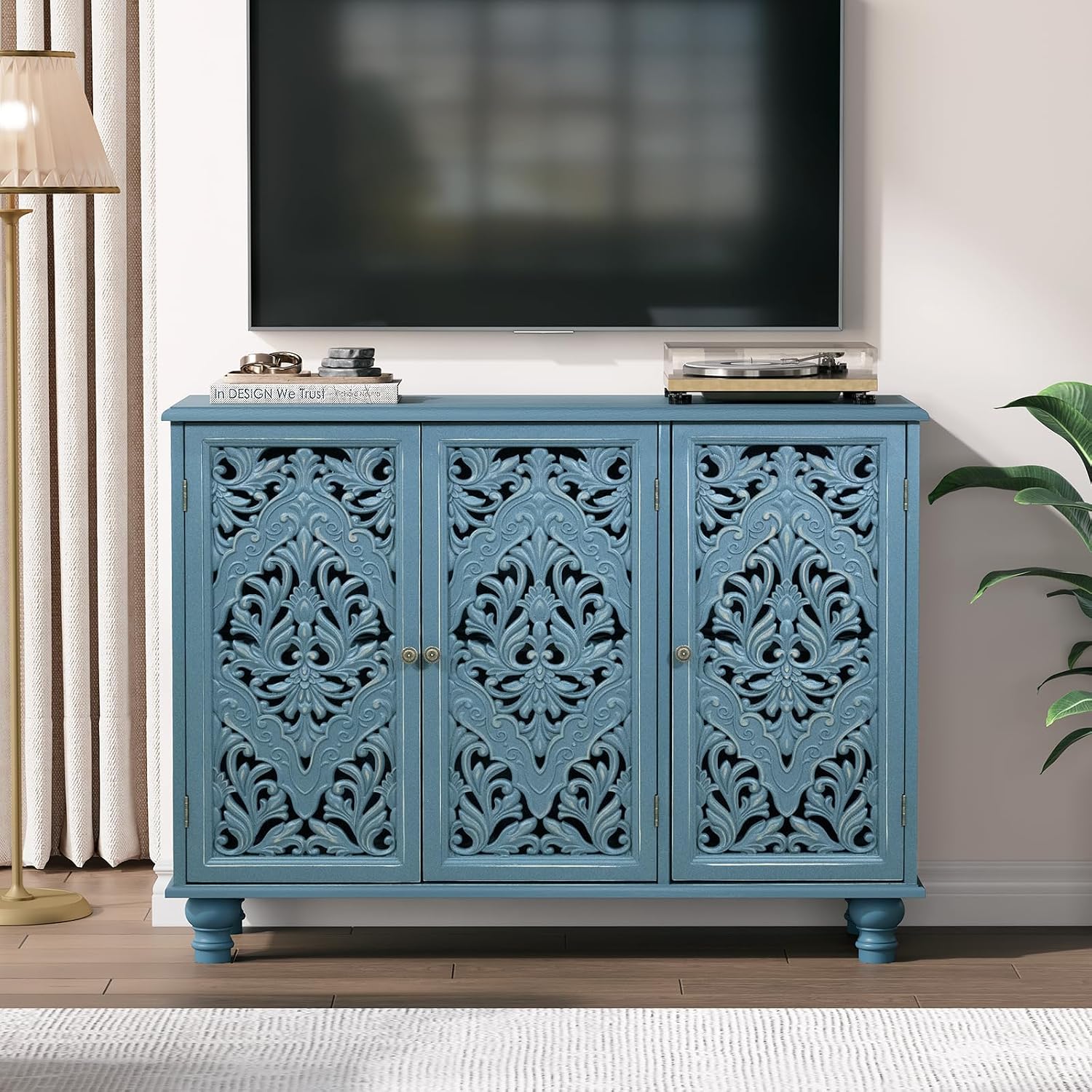 JOINICE Accent Cabinet with 3 Carved Doors, Distressed Blue Sideboard Buffet with Storage & Solid Wood Legs, 43' Vintage Console Table for Living Room, Entryway, Coffee Bar, Hallway