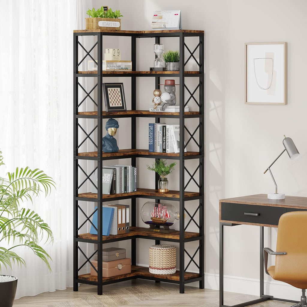 Tribesigns 7-Tier Corner Bookcase, Industrial Large Corner Bookshelf, 7-Shelf Tall Shelf Storage Display Rack with Metal Frame for Living Room Home Office, Rustic Brown