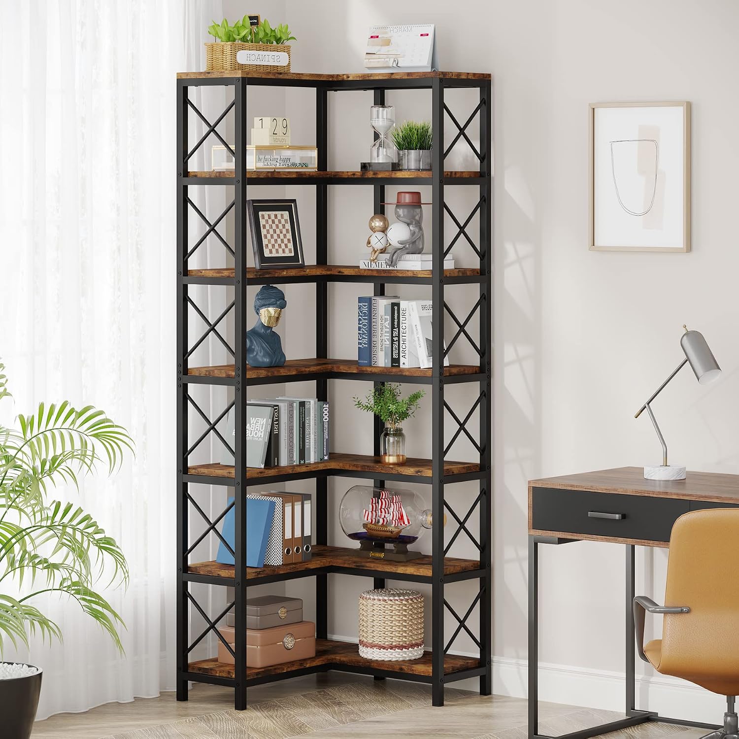 Tribesigns 7-Tier Corner Bookcase, Industrial Large Corner Bookshelf, 7-Shelf Tall Shelf Storage Display Rack with Metal Frame for Living Room Home Office, Rustic Brown