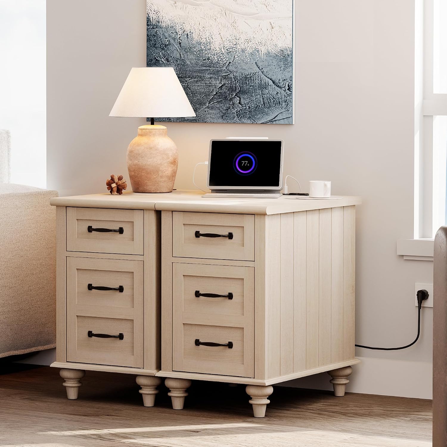 WAMPAT 2 Pack End Tables with Charging Station, Farmhouse Narrow Side Table with Drawer & Storage Cabinet, Beige Nightstand with Power Outlets & USB Ports for Living Room, Bedroom