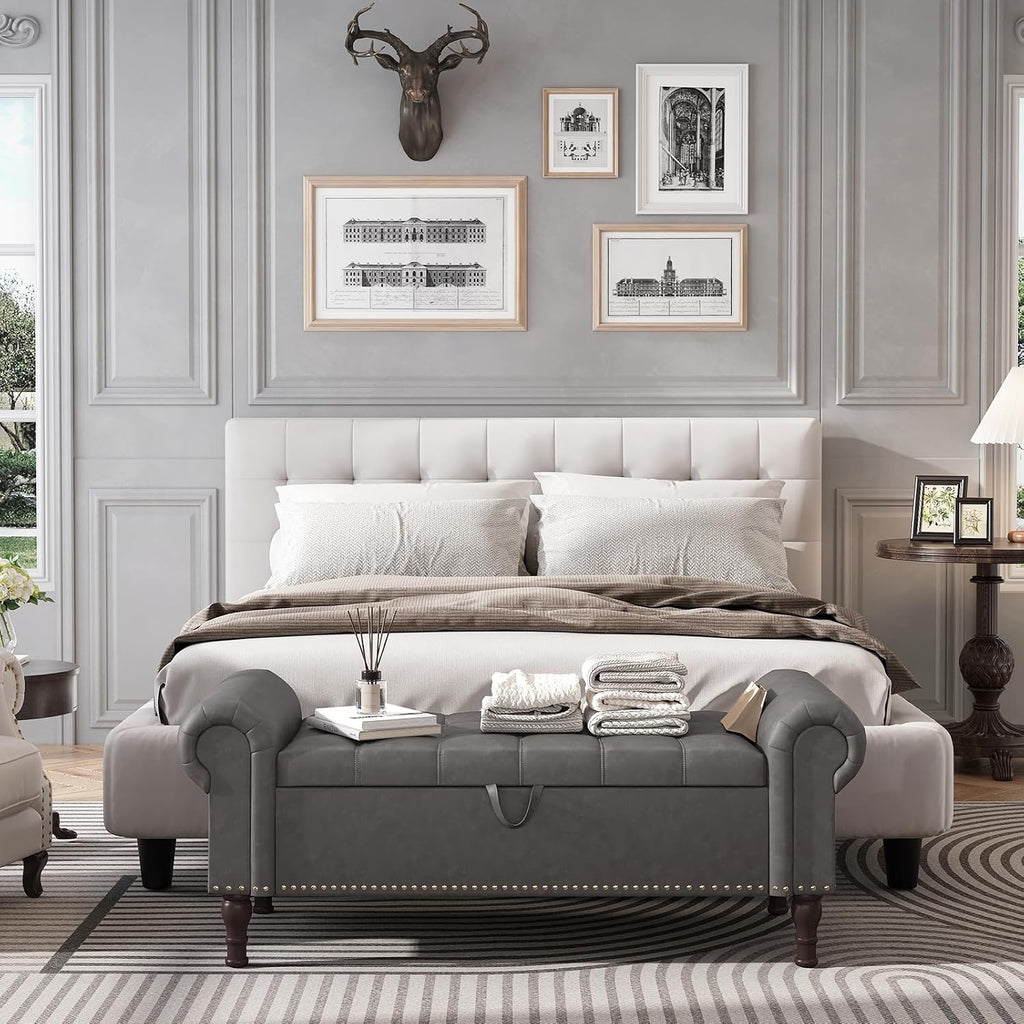 Apicizon 51' Bench with Storage, Upholstered Tufted Button Bedroom Bench with Storage, Faux Leather End of Bed Bench with Rolled Arms, Storage Ottoman Bench for Bedroom, Living Room, Entryway, Gray