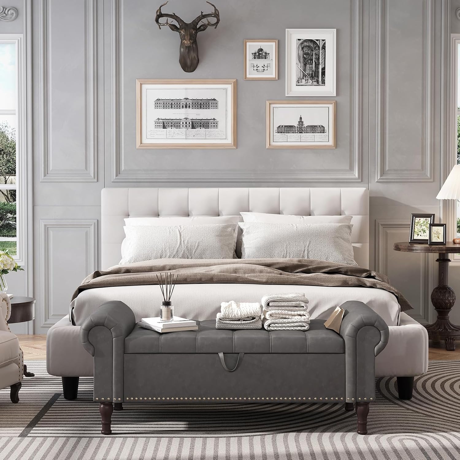 Apicizon 51' Bench with Storage, Upholstered Tufted Button Bedroom Bench with Storage, Faux Leather End of Bed Bench with Rolled Arms, Storage Ottoman Bench for Bedroom, Living Room, Entryway, Gray