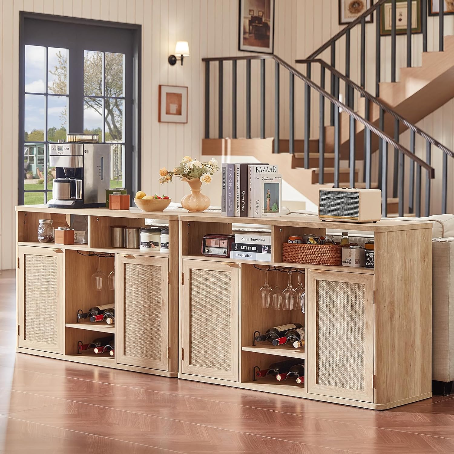 Lerliuo Rattan Wine Cabinet with 2 Doors, Boho Liquor Cabinet with Wine Racks, Farmhouse Coffee Bar Station for Living Room, Dining Room, Kitchen, Natural Wood