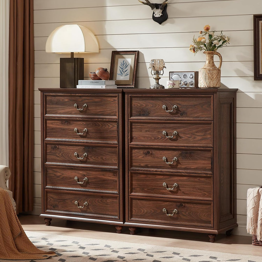 Joaxswe Farmhouse 5 Drawer Dresser Set of 2 for Bedroom, 45' Tall Rustic Chests of Drawers w/ 4 Solid Wood Feet, Mid Century Vintage Wooden Closet Storage Dressers Organizer for Living Room, Brown
