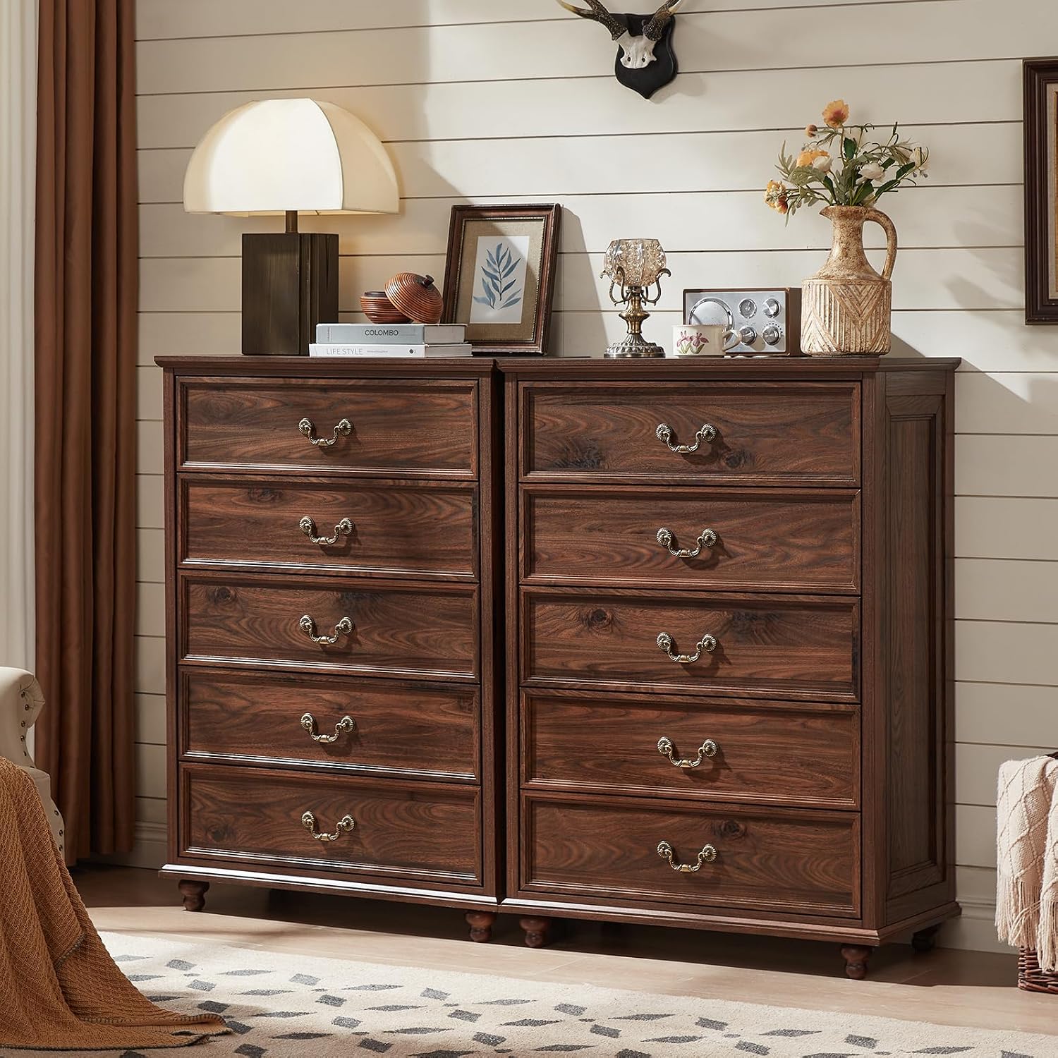 Joaxswe Farmhouse 5 Drawer Dresser Set of 2 for Bedroom, 45' Tall Rustic Chests of Drawers w/ 4 Solid Wood Feet, Mid Century Vintage Wooden Closet Storage Dressers Organizer for Living Room, Brown