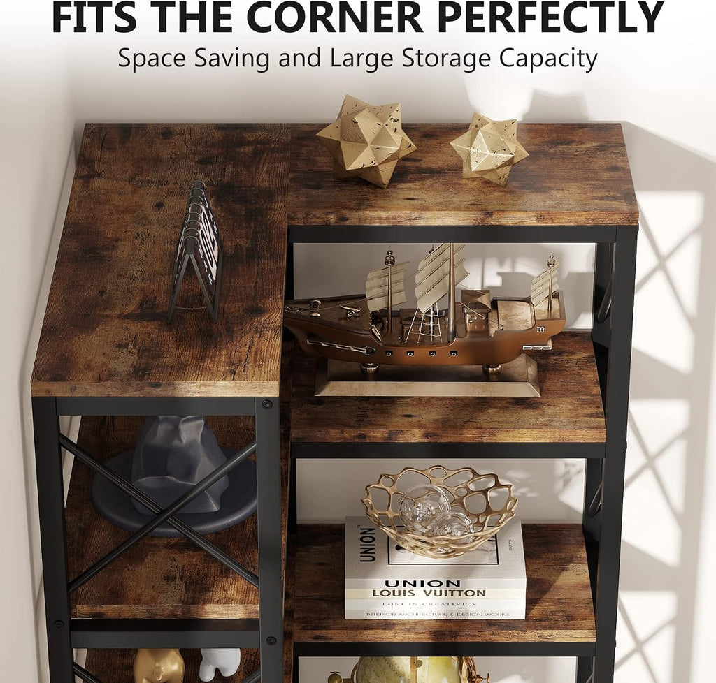 Tribesigns 7-Tier Corner Bookcase, Industrial Large Corner Bookshelf, 7-Shelf Tall Shelf Storage Display Rack with Metal Frame for Living Room Home Office, Rustic Brown