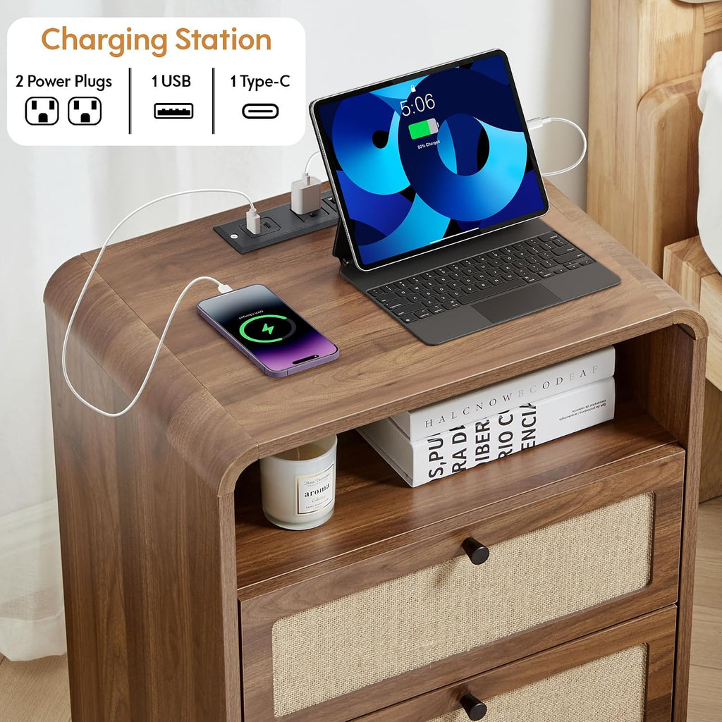 Nightstand with Drawers Set of 2, Mid-Century Living Room Wood End Table with Charging Station for Couch, Night Stand with Charger Station, Linen Decor Side Table for Bedroom