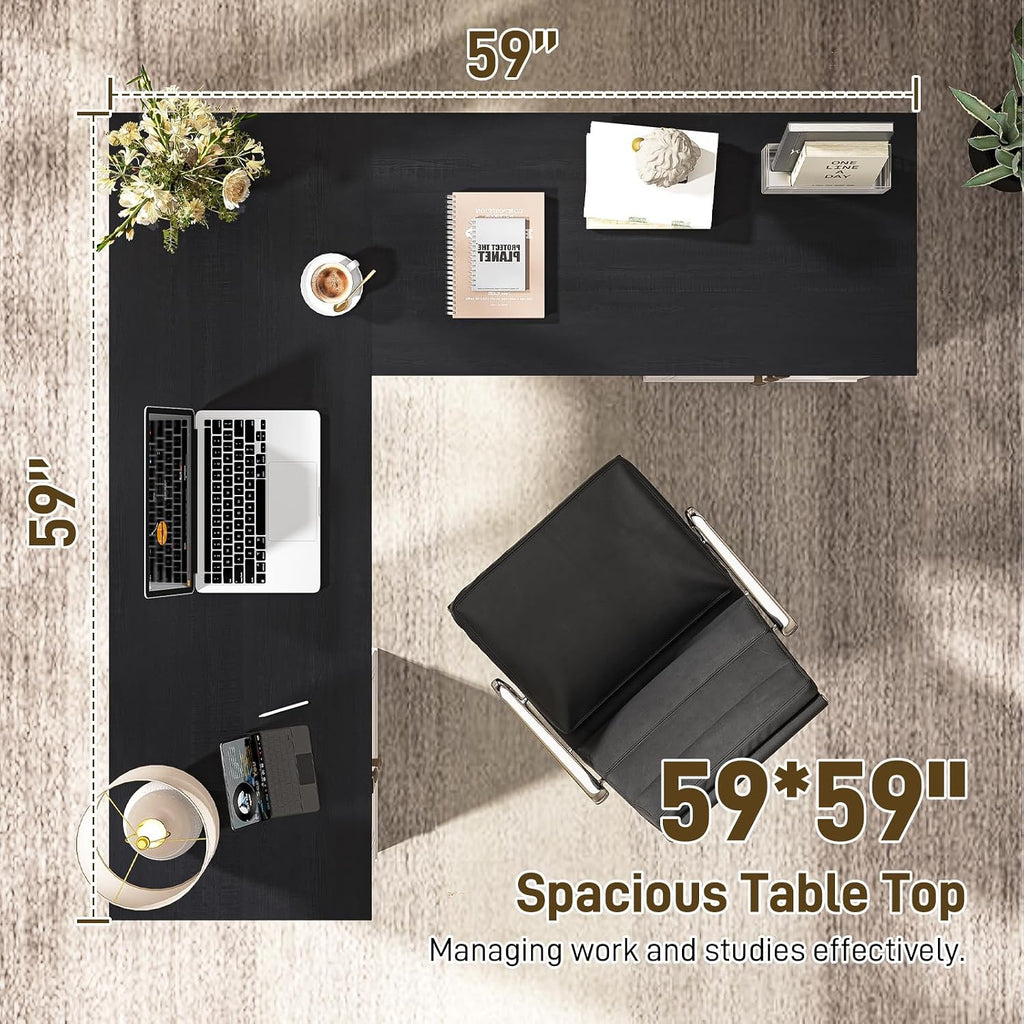 Vabches Farmhouse L Shaped Executive Desk with 6 Drawers, 59'' Wood Home Office Desk with File Cabinet, Writing Corner Computer Desk for Home Office, Work, Study, White and Black