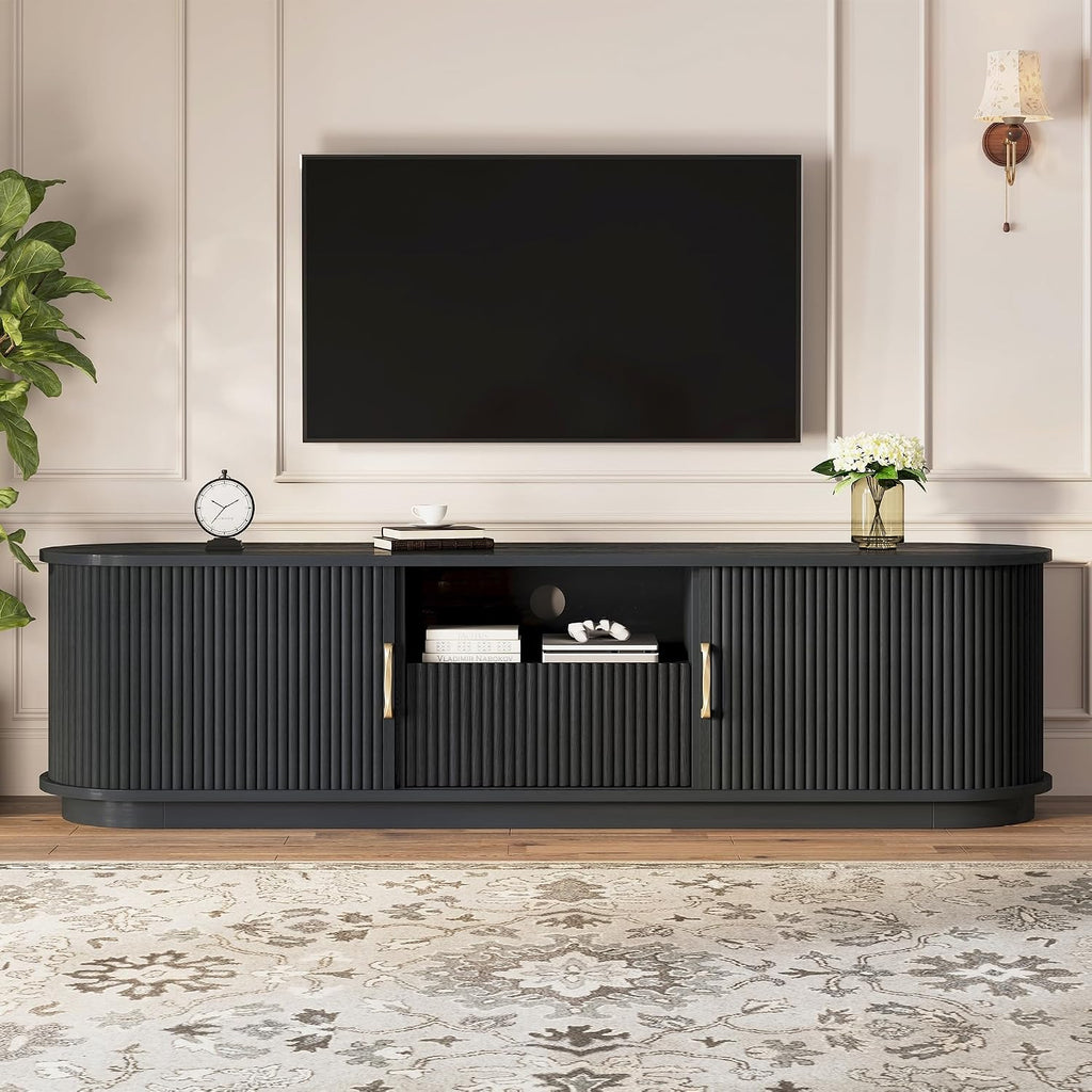 SOFTSEA 66.9' Fluted TV Stand for 75'+ TV, Farmhouse Media Console with Storage Drawer, Sliding Tambour Doors & Rounded Edges, Rustic Entertainment Center for Living Room, Black