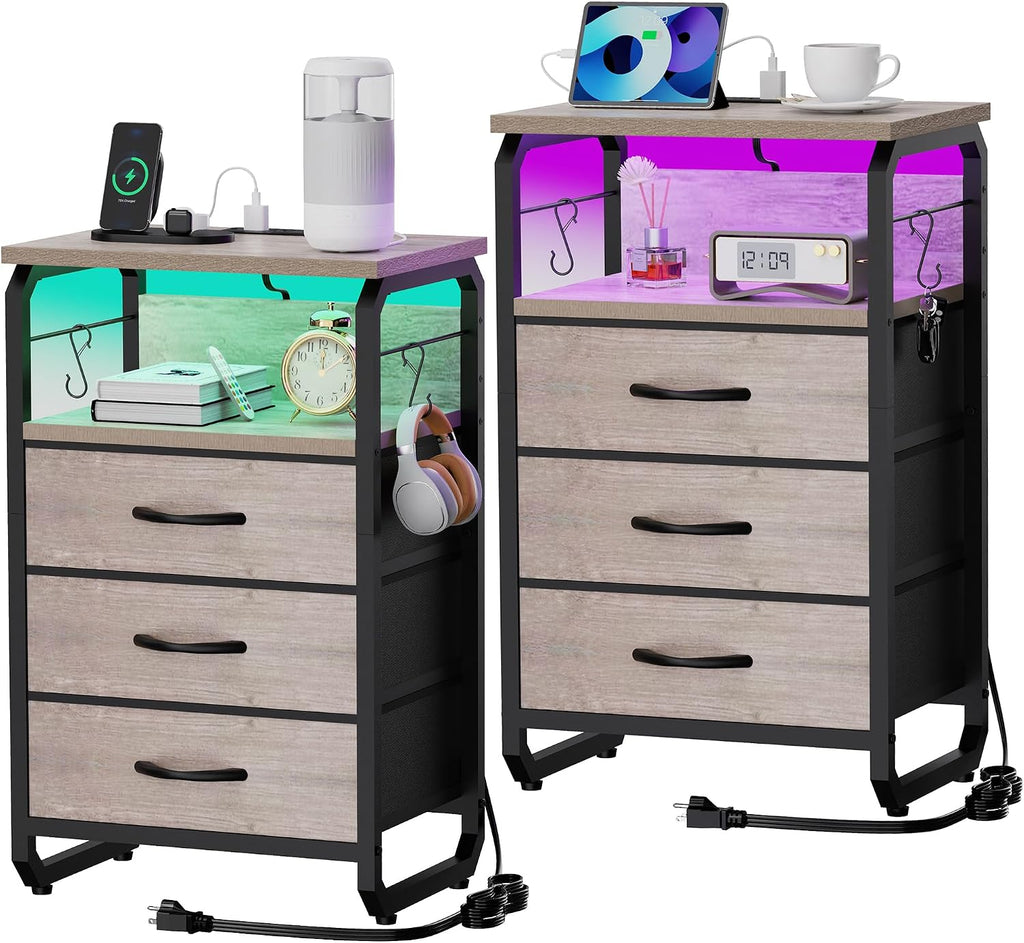 runjuly Night Stand Set 2 with LED Lights, Nightstands with Power Outlets and Type C Port, Large End Tables with 3 Fabric Drawers, Matching Bedside Table with Storage for Bedroom Teen Room, Greige