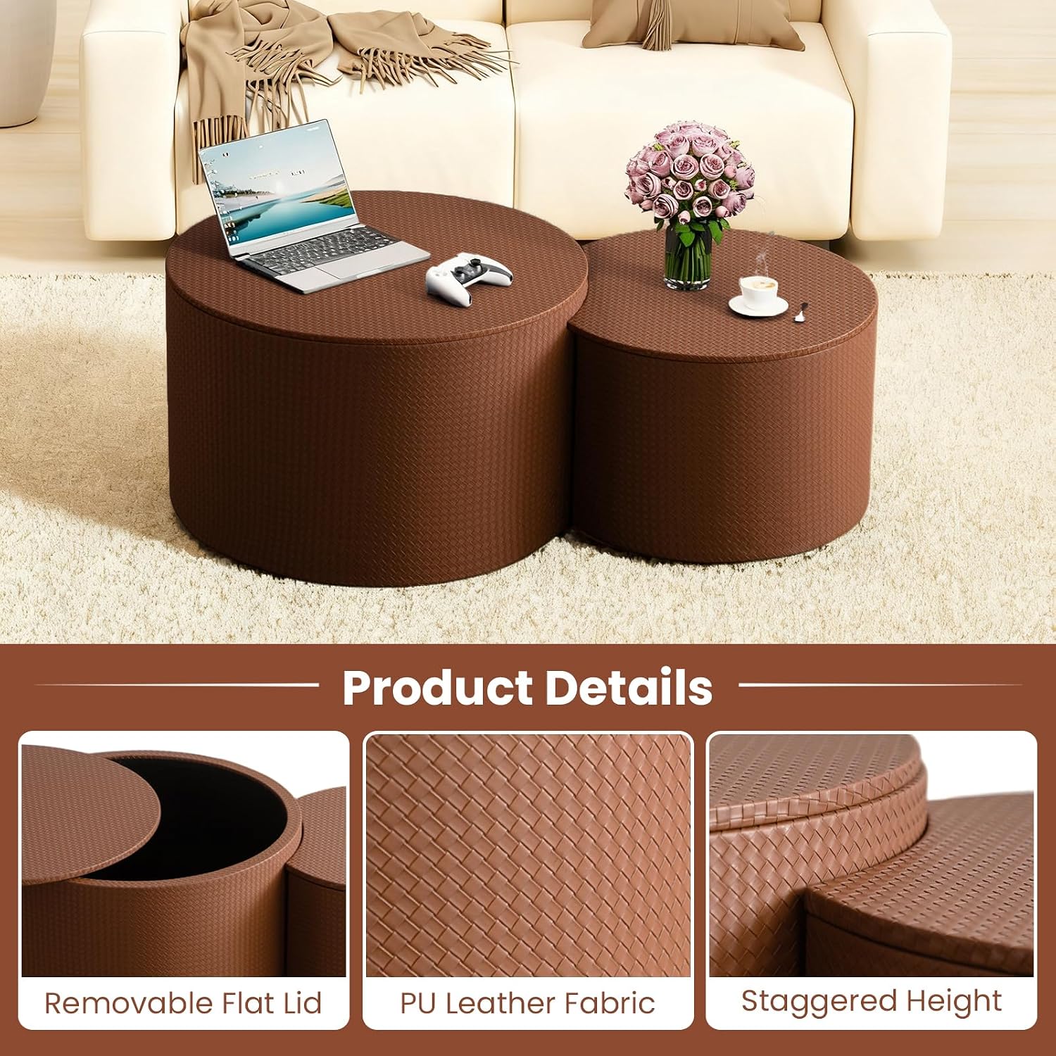 Round Nesting Coffee Table Set of 2 with Storage Modern Wood Coffee Table MDF Frame and Leather Surface Center Table End Side Table for Living Room Bedroom Office, No Assembling (Brown)