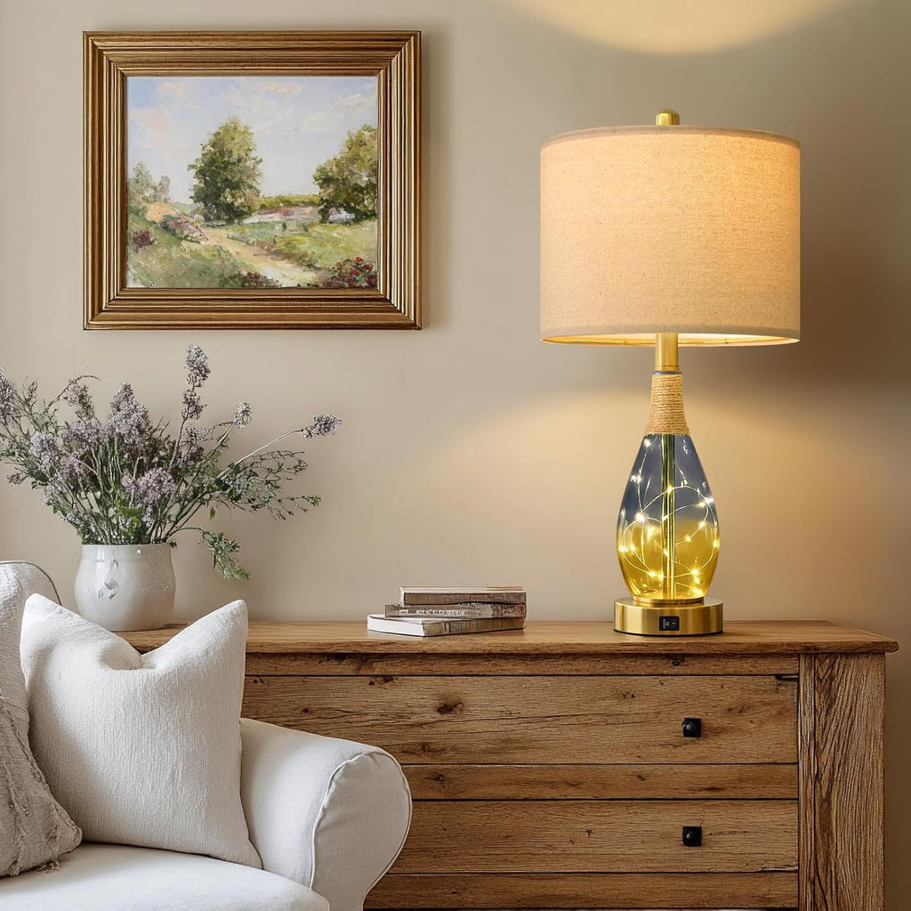 OYEARS 23' Table Lamps for Living Room Set of 2,Bedside Lamps for Night Stands, Rattan Lamps for Bedroom,Farmhouse Lamps with Glass Nightlight,Two Light Points