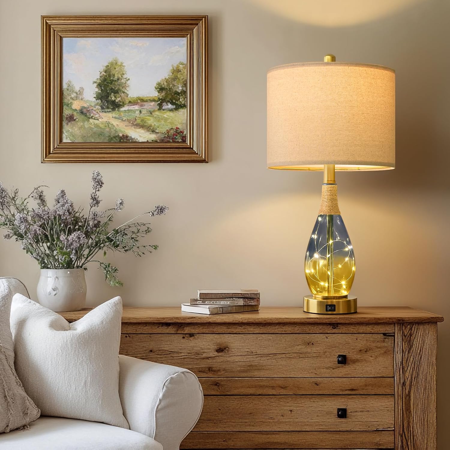 OYEARS 23' Table Lamps for Living Room Set of 2,Bedside Lamps for Night Stands, Rattan Lamps for Bedroom,Farmhouse Lamps with Glass Nightlight,Two Light Points