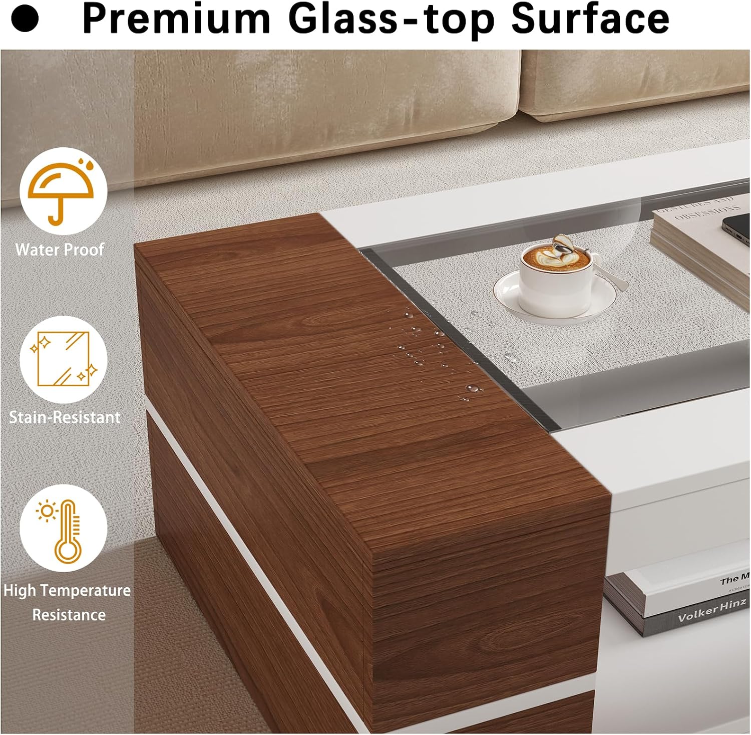 HedoAjim 47.2' Modern Stylish Coffee Table with Glass Table Top, Large Living Room Table Rectangular 2-Tier Center Tables with Storage, Wood Cocktail Tea Tables for Dining Reception Room White Walnut