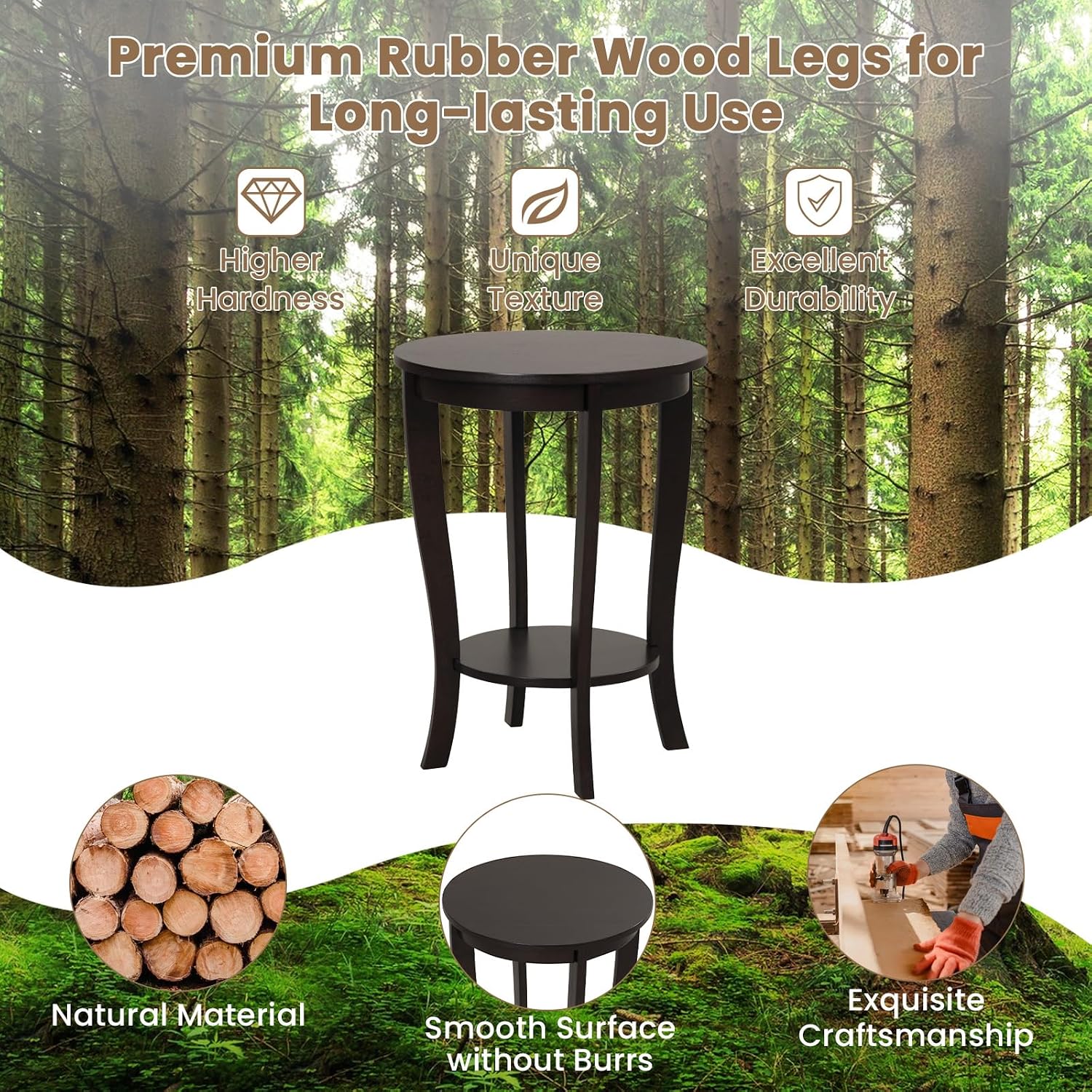GOFLAME 2-Tier Round End Table Set of 2, 18' Sofa Side Table with Storage Shelf, Floor Tea Table with Solid Wood Legs, Compact Nightstand for Small Space, Living Room, Bedroom, Espresso