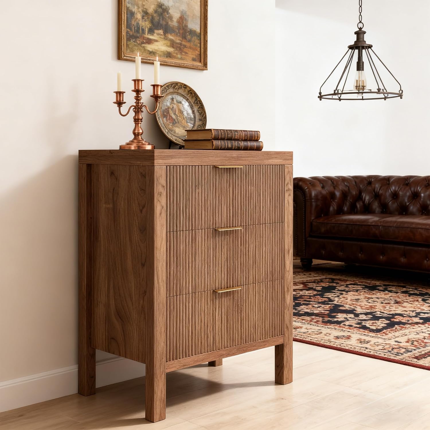 End Table with Storage, Wooden Farmhouse Nightstands with 3 Drawers, Bedside Table - Boho Tall Side Table Accent for Bedroom, Living Room, Walnut