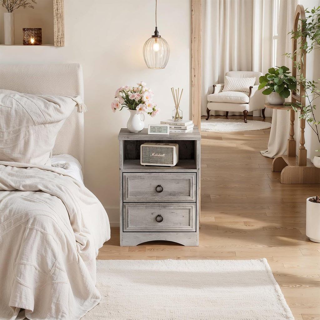 Set of 2 Nightstand with 2 Drawers, 18'W Night Stand with Drawers for Bedroom, Large Accent Bed Side Table and End Table with Open Compartment-Easy Pull Handle, Textured Border for Living Room,Gray