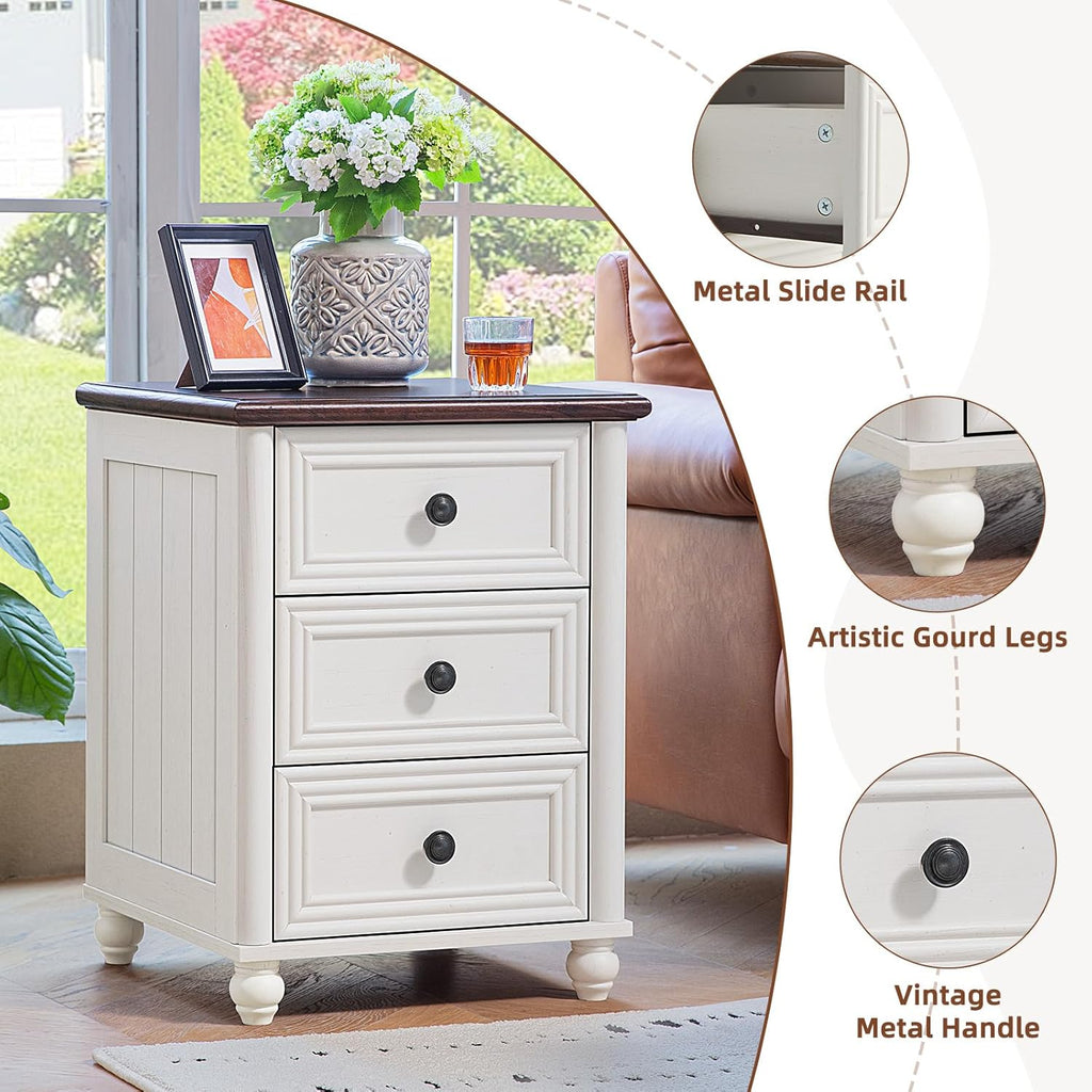 RWYHG 18' Farmhouse Night Stand Set of 2, White Wood Nightstand with 3 Drawers, Bedside End Table with Storage and Roman Column, Bed Side Tables Cabinet for Bedroom, Living Room, and Closet