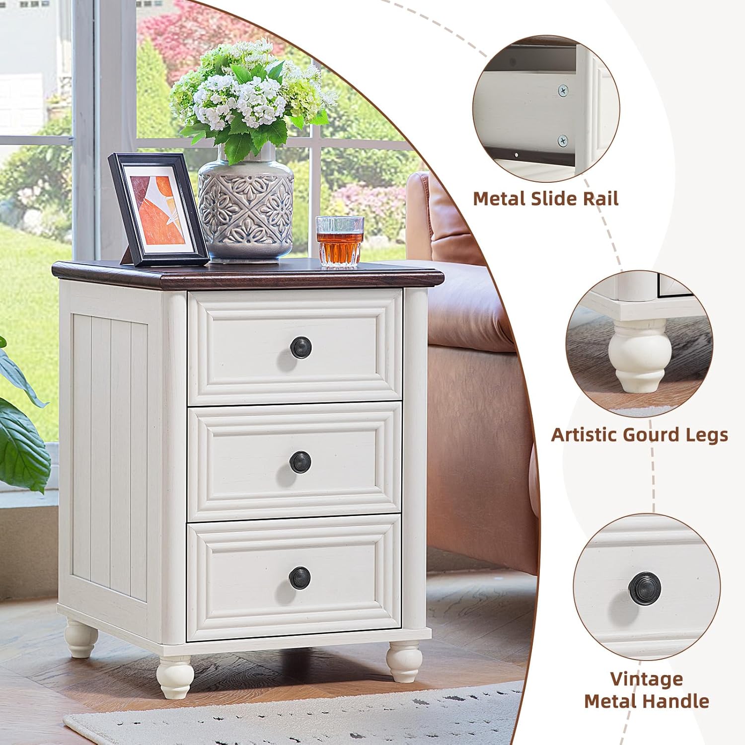 RWYHG 18' Farmhouse Night Stand Set of 2, White Wood Nightstand with 3 Drawers, Bedside End Table with Storage and Roman Column, Bed Side Tables Cabinet for Bedroom, Living Room, and Closet