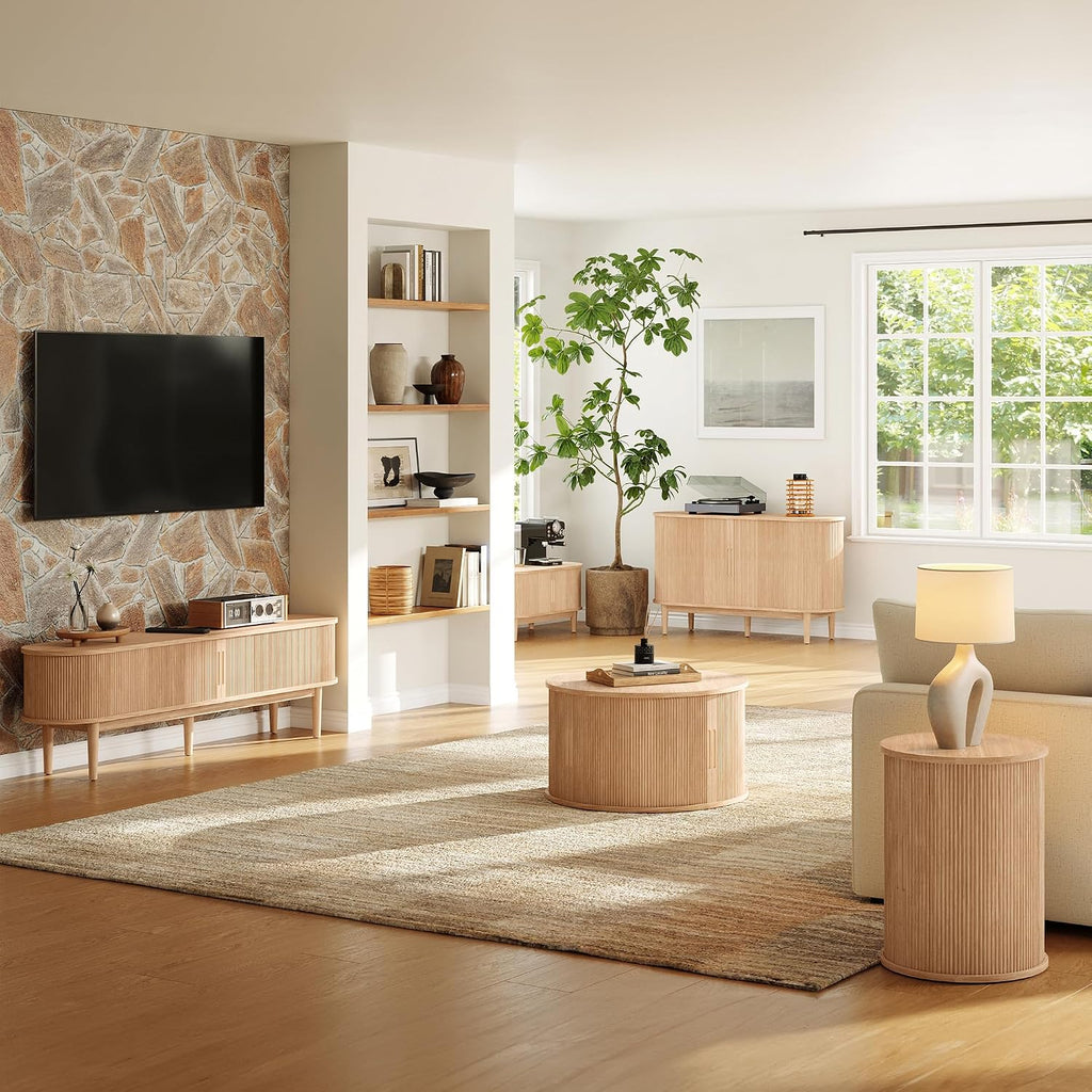 LINSY HOME Fluted Living Room Table Set of 3, Includes Mid Century Modern TV Stand with Storage for Up to 65 inch TV, 58' Entertainment Center, Round TV Side Table, End Table Set of 2, Oak
