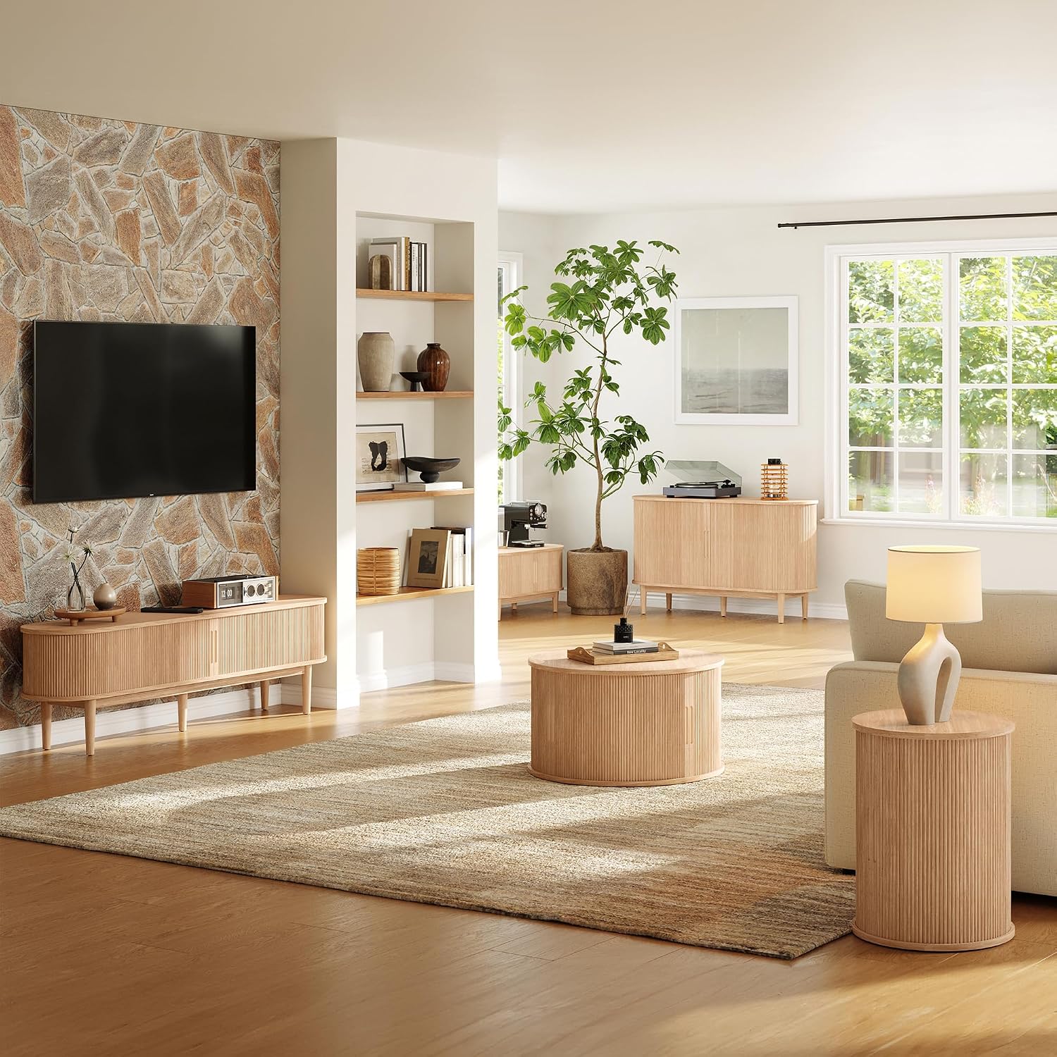 LINSY HOME Fluted Living Room Table Set of 3, Includes Mid Century Modern TV Stand with Storage for Up to 65 inch TV, 58' Entertainment Center, Round TV Side Table, End Table Set of 2, Oak