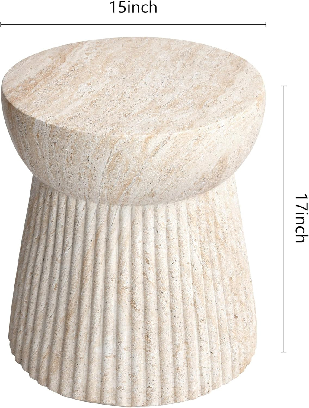 Empire Art Direct Fluted Travertine Stone Finish Italian Design MgO Side Accent Table, Living Room, Bedroom & Office, 14.6'x14.6'x17'