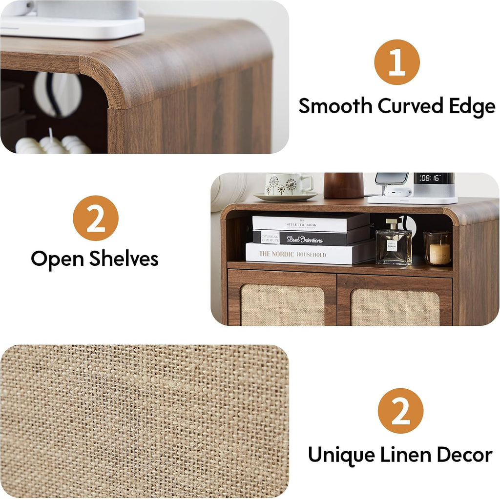 24' Nightstand Set of 2, Large End Table with Door & Charging Station AC + USB + Tpye-C, Mid-Century Farmhouse Linen Decor Night Stand Side Table for Living Room Sofa Couch Side, Bedroom Bedside