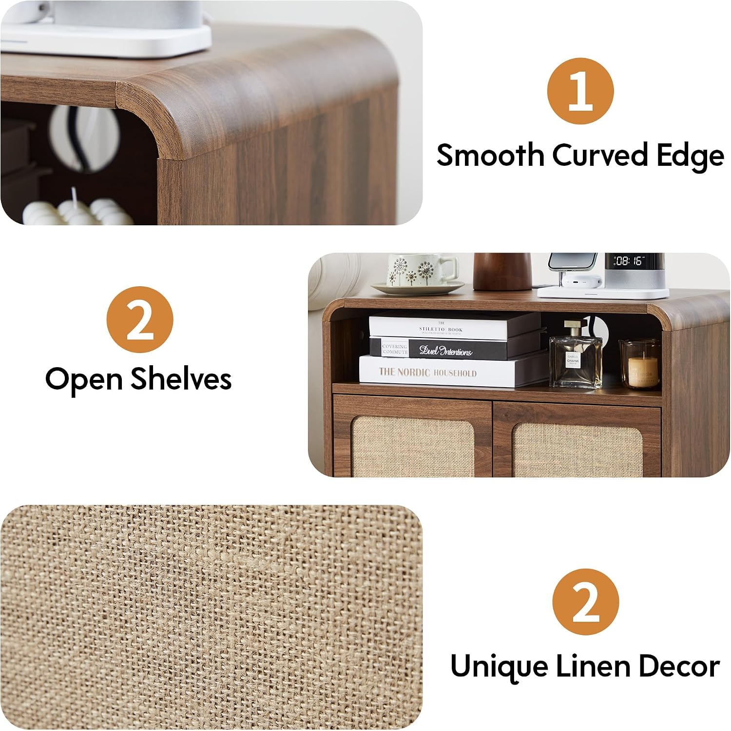 24' Nightstand Set of 2, Large End Table with Door & Charging Station AC + USB + Tpye-C, Mid-Century Farmhouse Linen Decor Night Stand Side Table for Living Room Sofa Couch Side, Bedroom Bedside