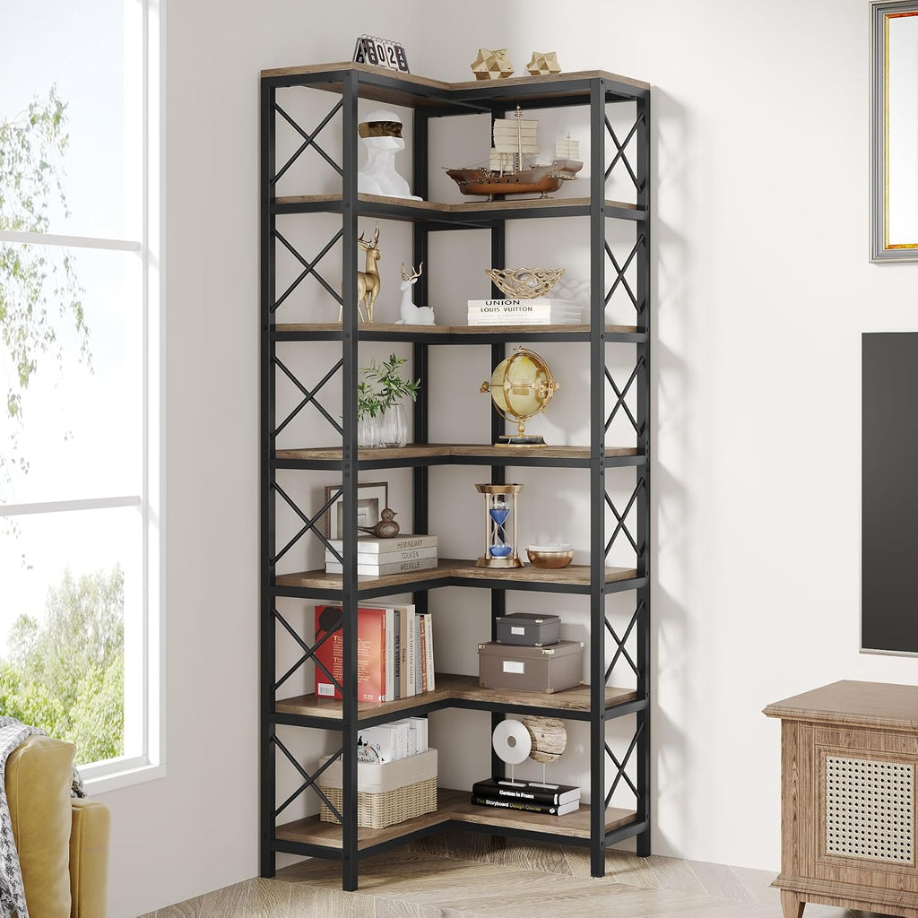 Tribesigns 7-Tier Corner Bookcase, Industrial Large Corner Bookshelf, 7-Shelf Tall Corner Shelf Storage Display Rack with Metal Frame for Living Room Home Office, Grey