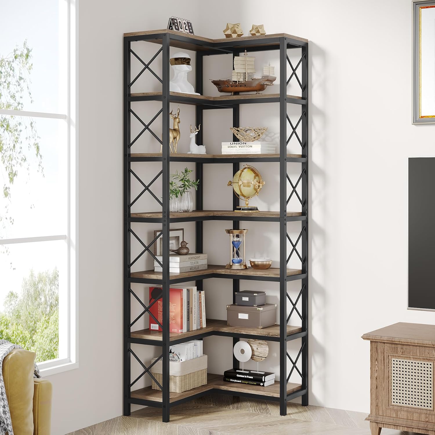 Tribesigns 7-Tier Corner Bookcase, Industrial Large Corner Bookshelf, 7-Shelf Tall Corner Shelf Storage Display Rack with Metal Frame for Living Room Home Office, Grey