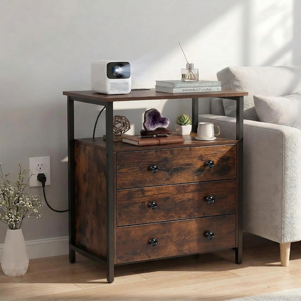 Edbuosy 3 Wooden Drawers Night Stand, 27 Inch Wide Nightstand with Charging Station and Adjustable Drawers, Small Dresser for Closet, Bedside Table for Living Room/Bedroom/Office, Retro Brown.
