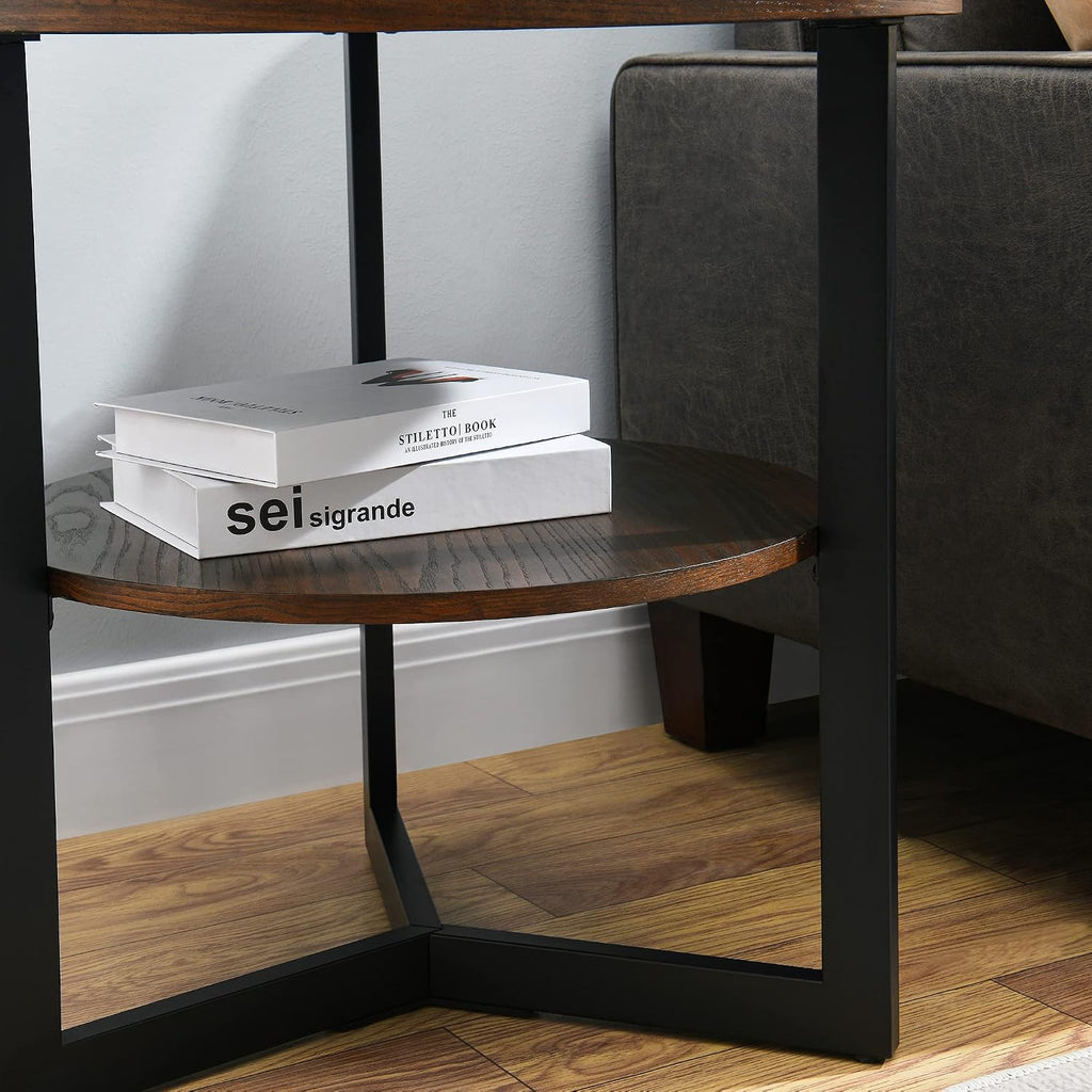 Large End Table with Storage Shelf Rustic Circular Sofa Side Table with Black Metal Legs Solid Wood Nightstand Telephone Table for Living Room Bedroom 25.2'D x 24'H Natural Brown CJZ1338NC