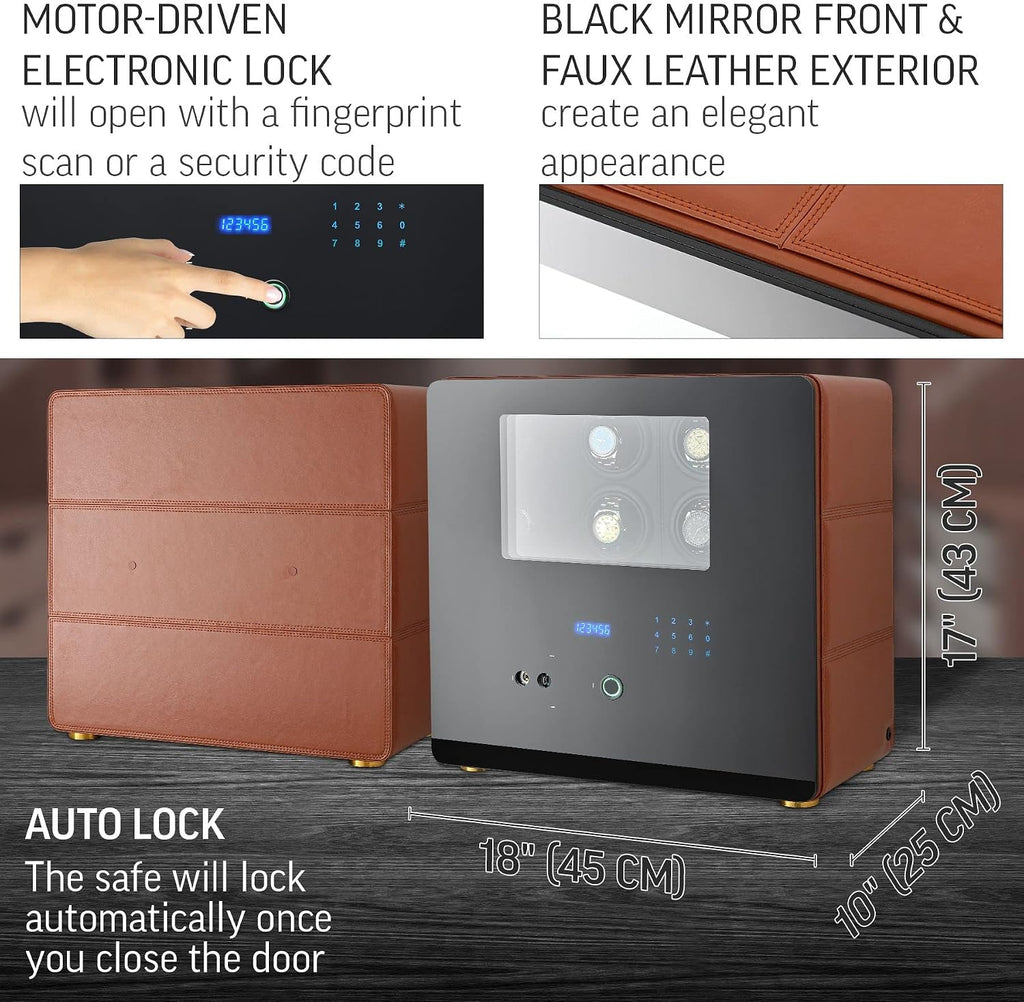 12 Watch Winder with Fingerprint Lock, Interior Light, Alarm System and 2 Storage Compartments