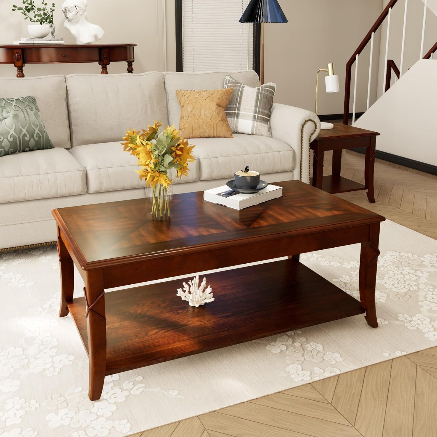 Solid Wood Coffee Table with Storage Shelf, Mid-Century Living Room Tables with Carved Tabletop and Leg, 43.3' Splicing Cocktail Center Sofa Table, Cherry Brown KFZ-DR200