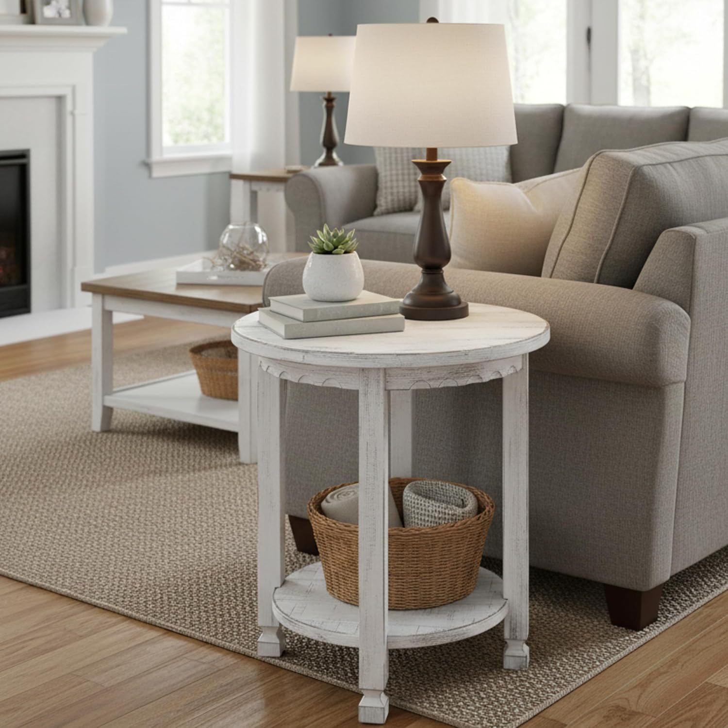Alaterre Furniture Country Cottage Rustic Farmhouse Nightstand – 20-Inch Side Table with Lower Shelf, Carved Edges & Square Turned Legs – Accent Table for Living Room or Bedroom (Antique White)