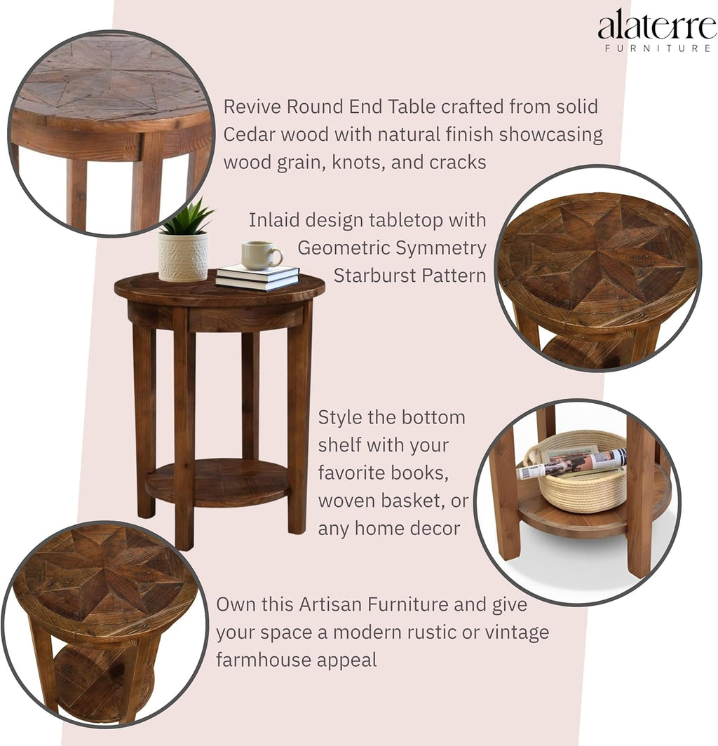 Alaterre Furniture Revive 20 Inch Round End Table with Bottom Shelf for Storage, and Unique Wood Characters - Modern Rustic Living Room Furniture
