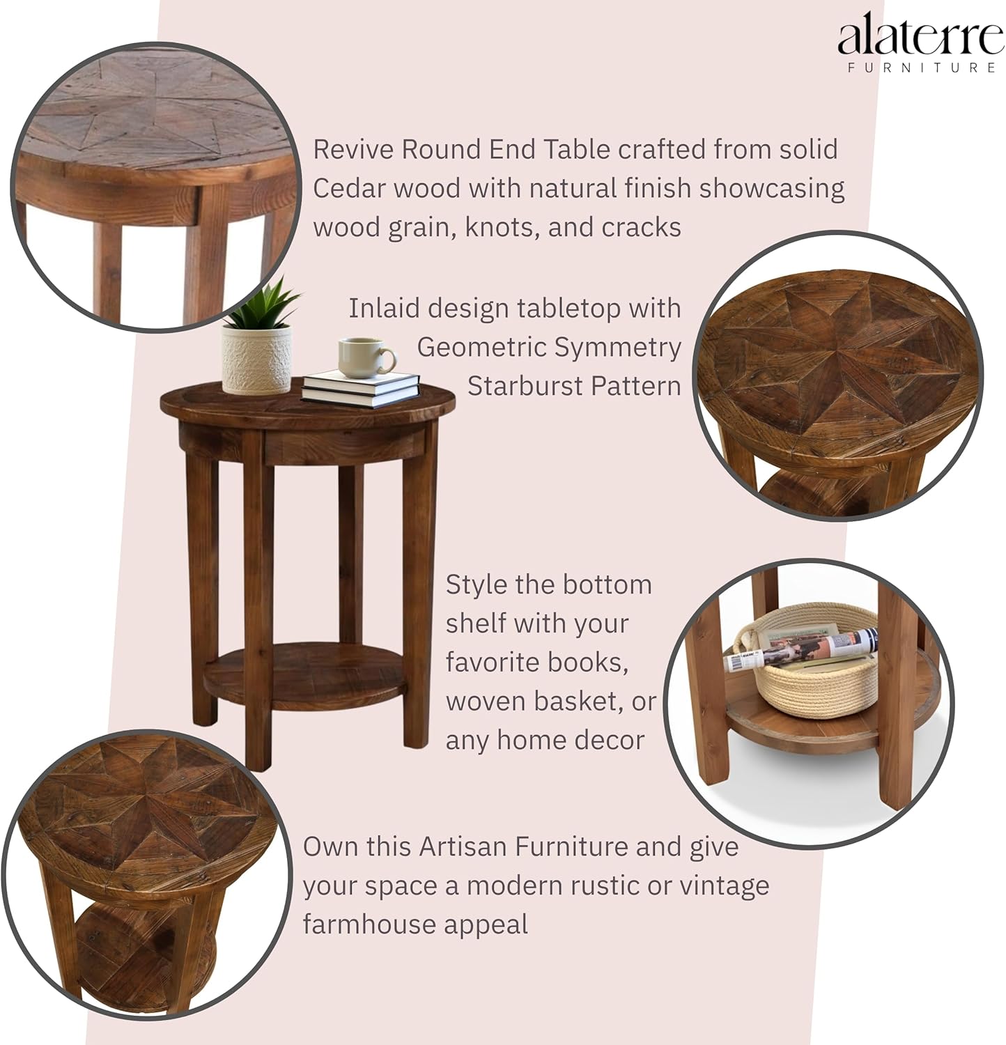 Alaterre Furniture Revive 20 Inch Round End Table with Bottom Shelf for Storage, and Unique Wood Characters - Modern Rustic Living Room Furniture