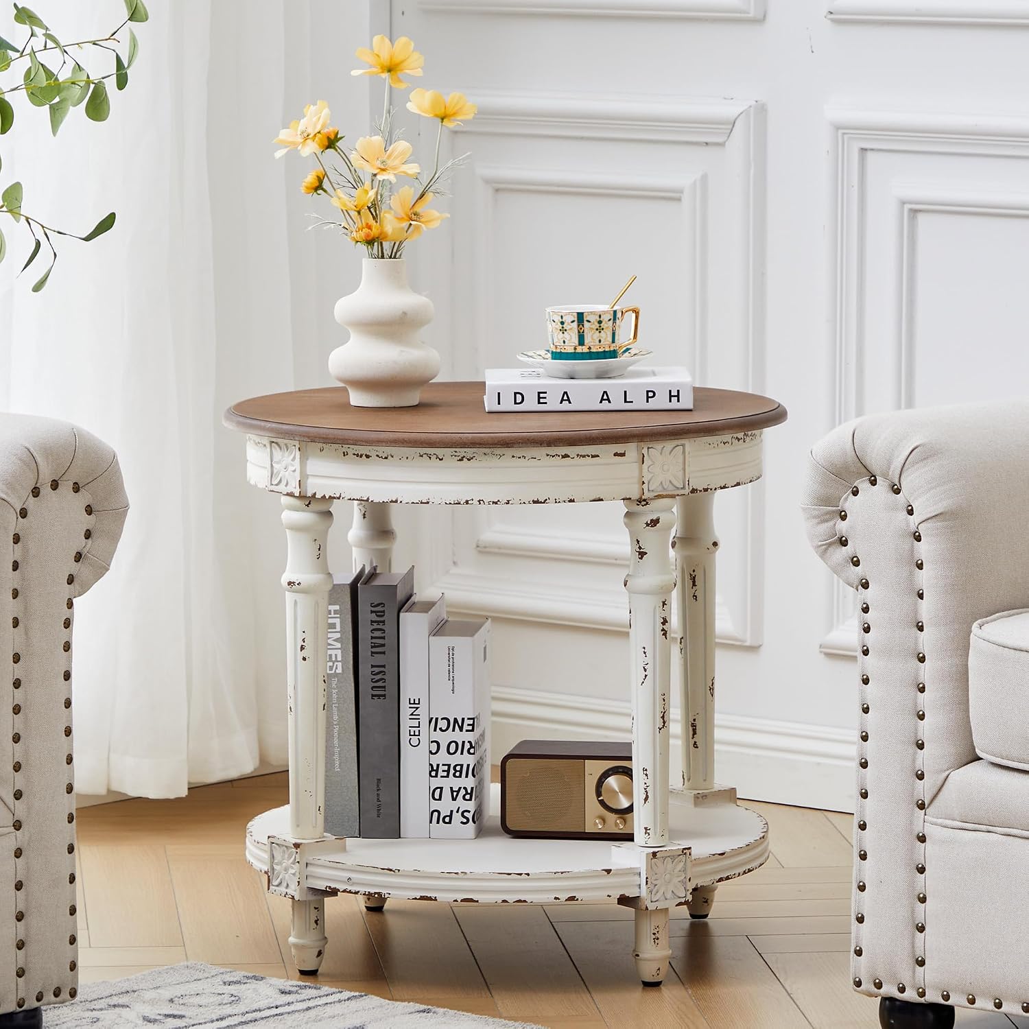 BERRYMERRY 23.6' French Country Two Tone Round End Table,Chipped White Vintage 2 Tier Side Table for Living Room Small Space,Easy Assembly (White 1 PC)