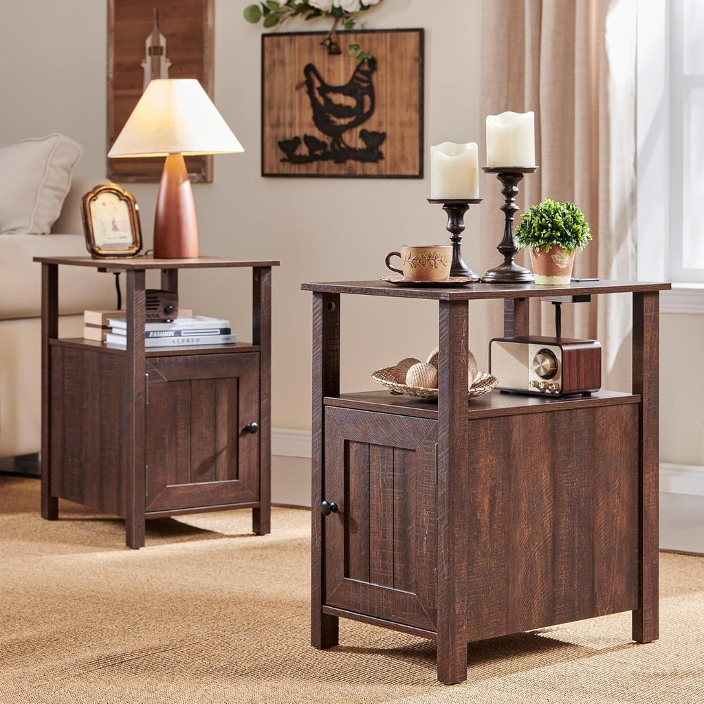 IFGET Farmhouse Nightstand Set of 2, End Table with Charging Station, Rustic Side Table w/Barn Door & Open Shelves, Bedside Table w/Storage Space and Storage Cabinet for Bedroom, Living Room (Brown)