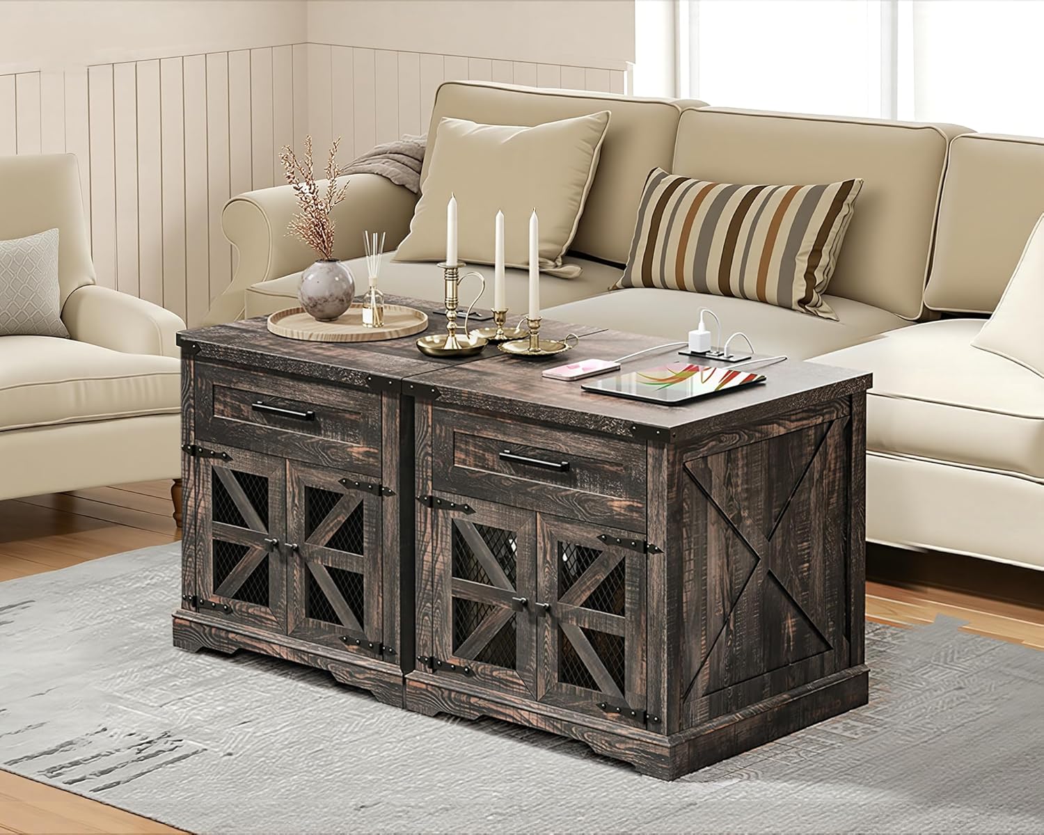 RALGEND Farmhouse End Table Set of 2, 24' Large Sofa Side Table with Drawer, Large End Table for Living Room, Wooden Nightstand with Charging Station, Square, Dark Rustic Oak